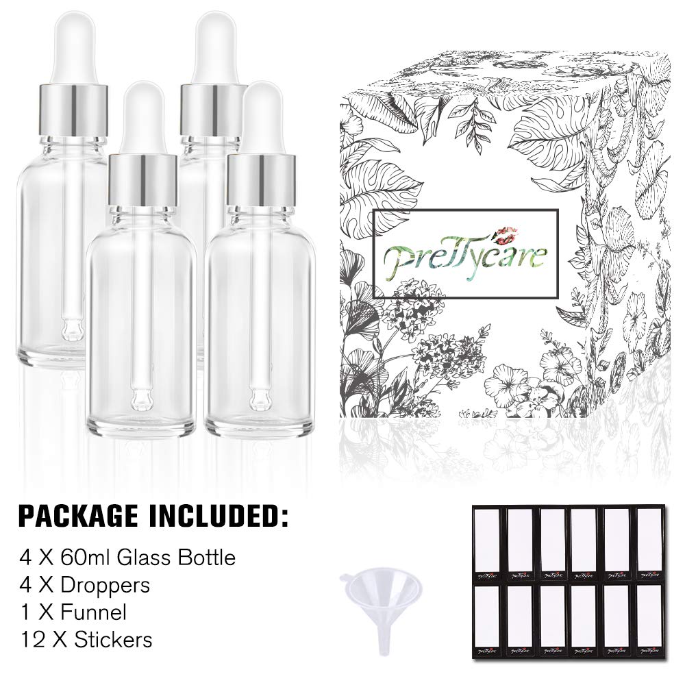 PrettyCare 2 oz Dropper Bottles, 4 Pack Frosted Glass Bottles 60ml with Golden Caps, 12 Labels, Funnel & Measured Pipettes-Empty Tincture for Essential Oils & Skincare