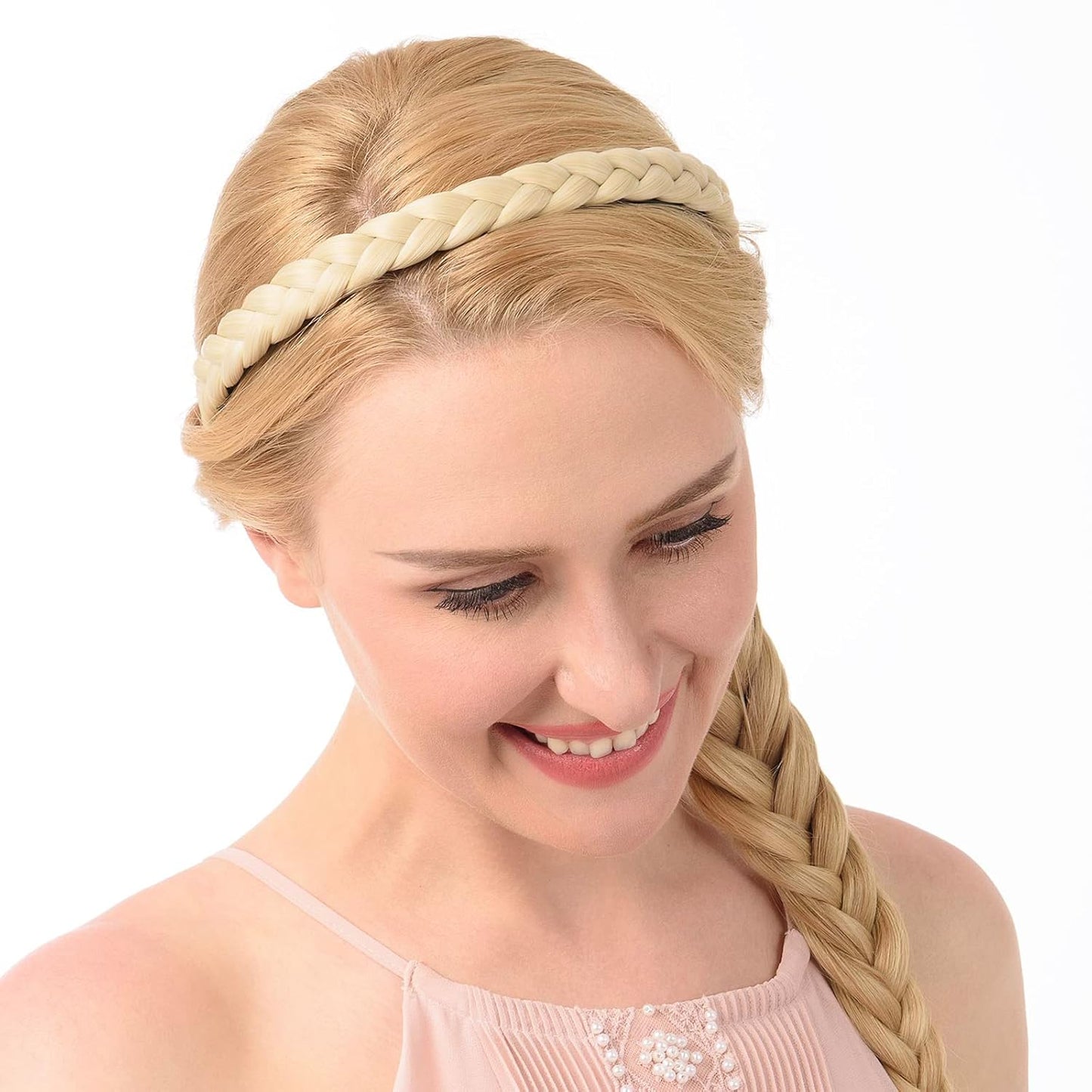 DIGUAN Width 0.6 inches Narrow Synthetic Hair Plaited Headband Braid With Teeth Hair Band Accessories for Women Girl (Buttered Toast)
