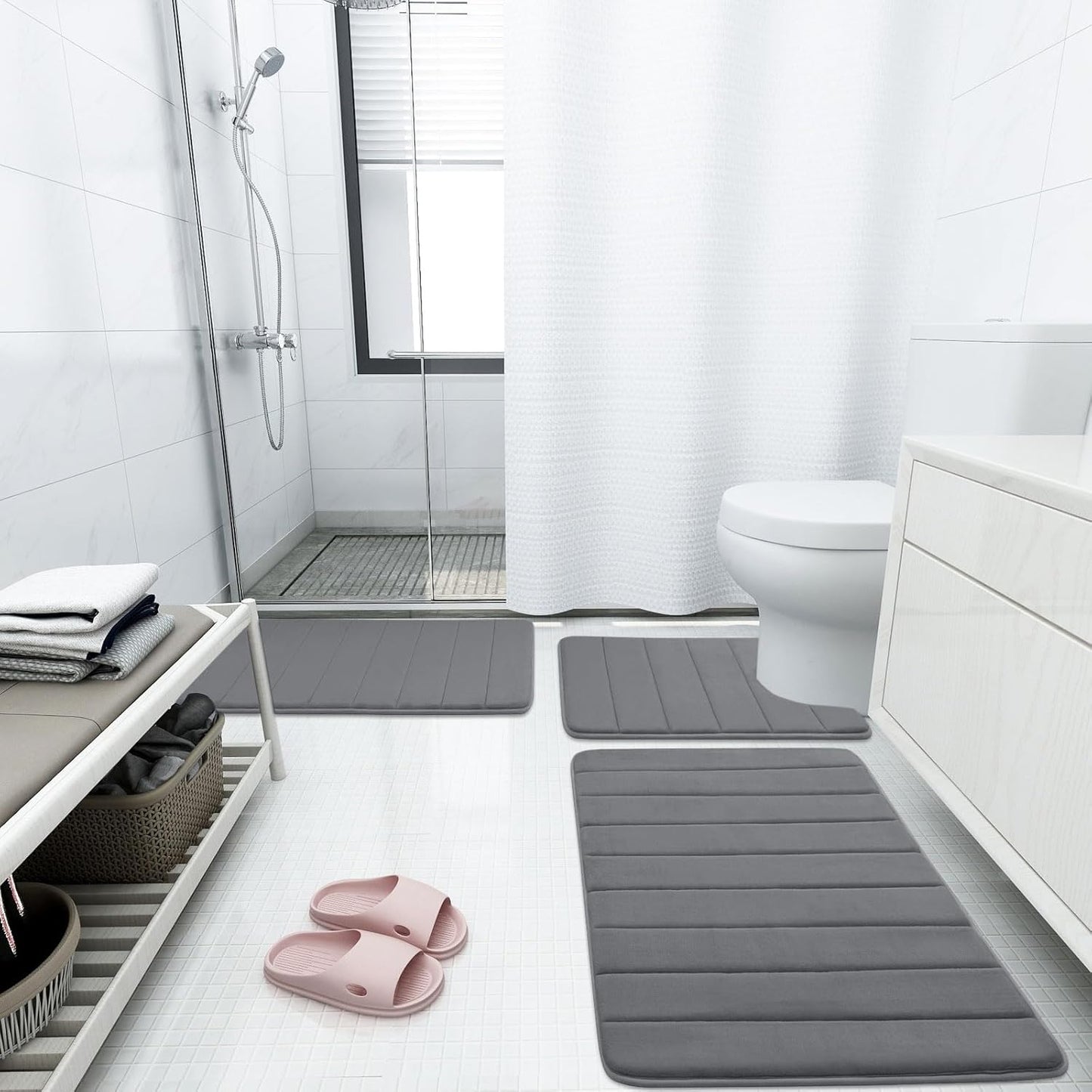 Buganda Memory Foam Bath Mat, 70" x 34", Ultra Soft and Non-Slip Bathroom Rugs, Water Absorbent and Machine Washable Bath Rug Runner for Bathroom, Shower, and Tub, Grey