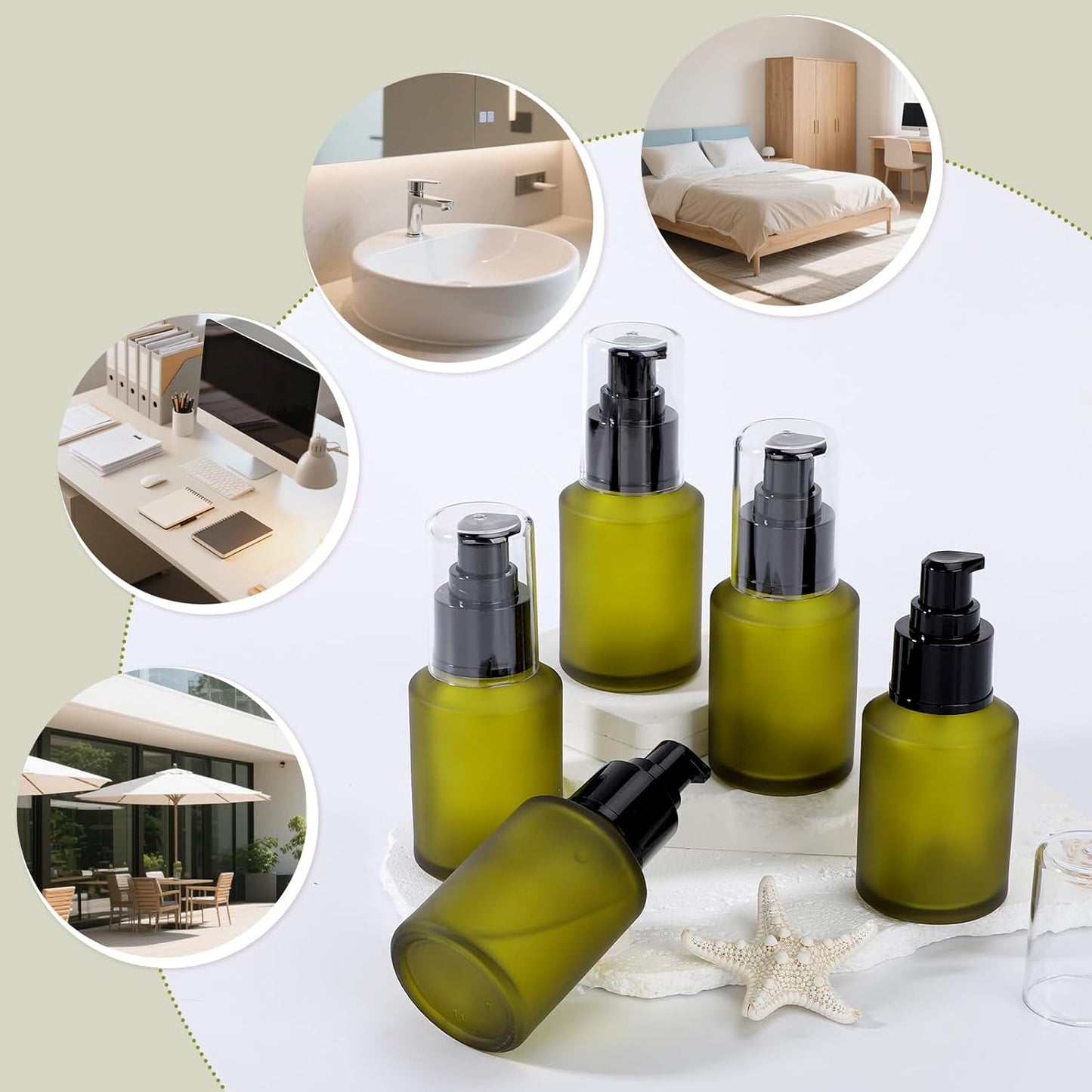 Segbeauty 2oz Frosted Glass Travel Lotion Container Refillable, 5pcs Small Travel Containers for Creams, 60ml Mini Empty Lotion Bottles with Pump Dispenser, Cosmetic Containers Bottle for Oils Creams