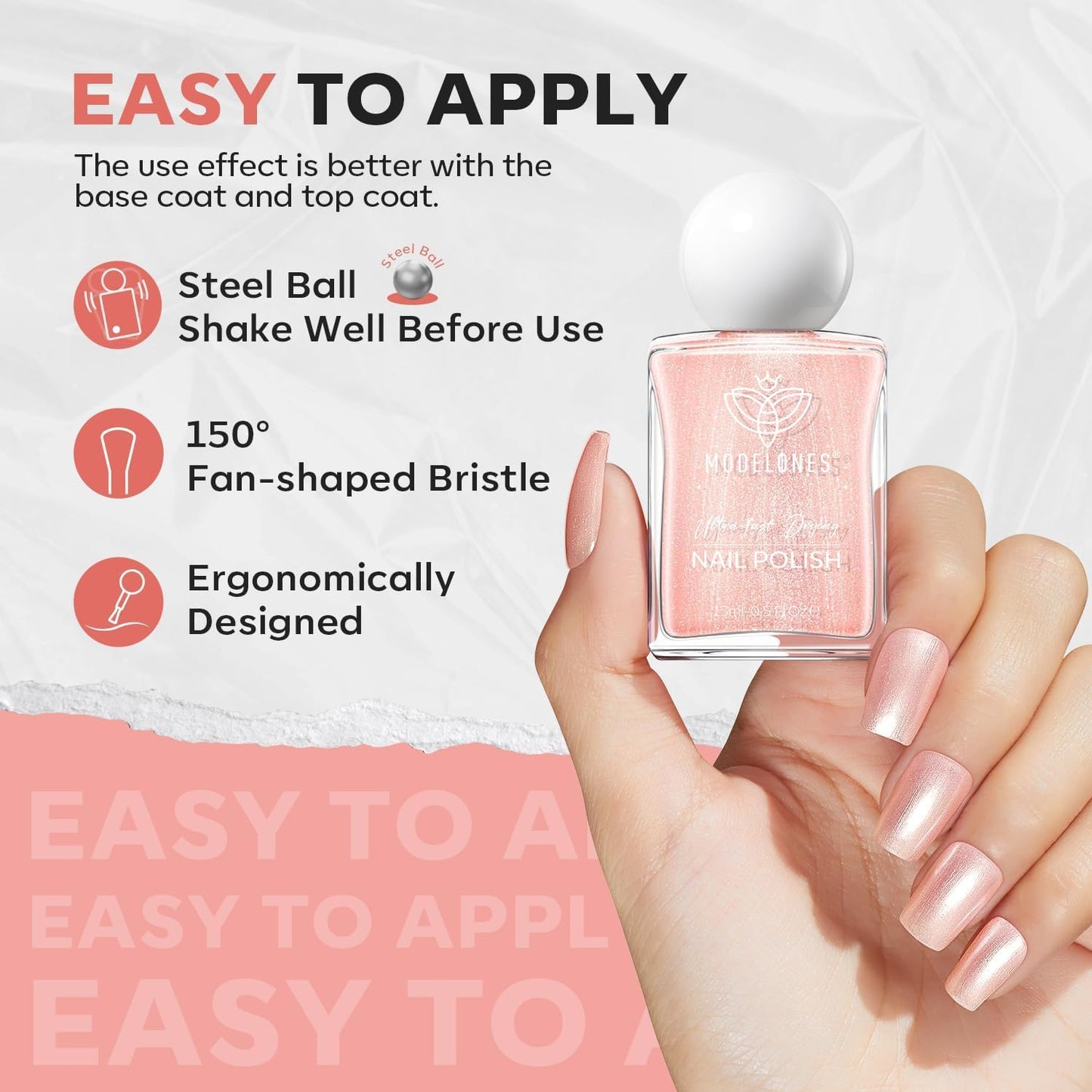 modelones Shimmer Pink Nail Polish, 15 ml Peachy Pink Iridescent Quick Dry Nail Lacquer Strengthener Long Last Shine Fingernail Toe Nail Art DIY Home Travel Manicure Gift for Women Girls 0.5 Fl Oz