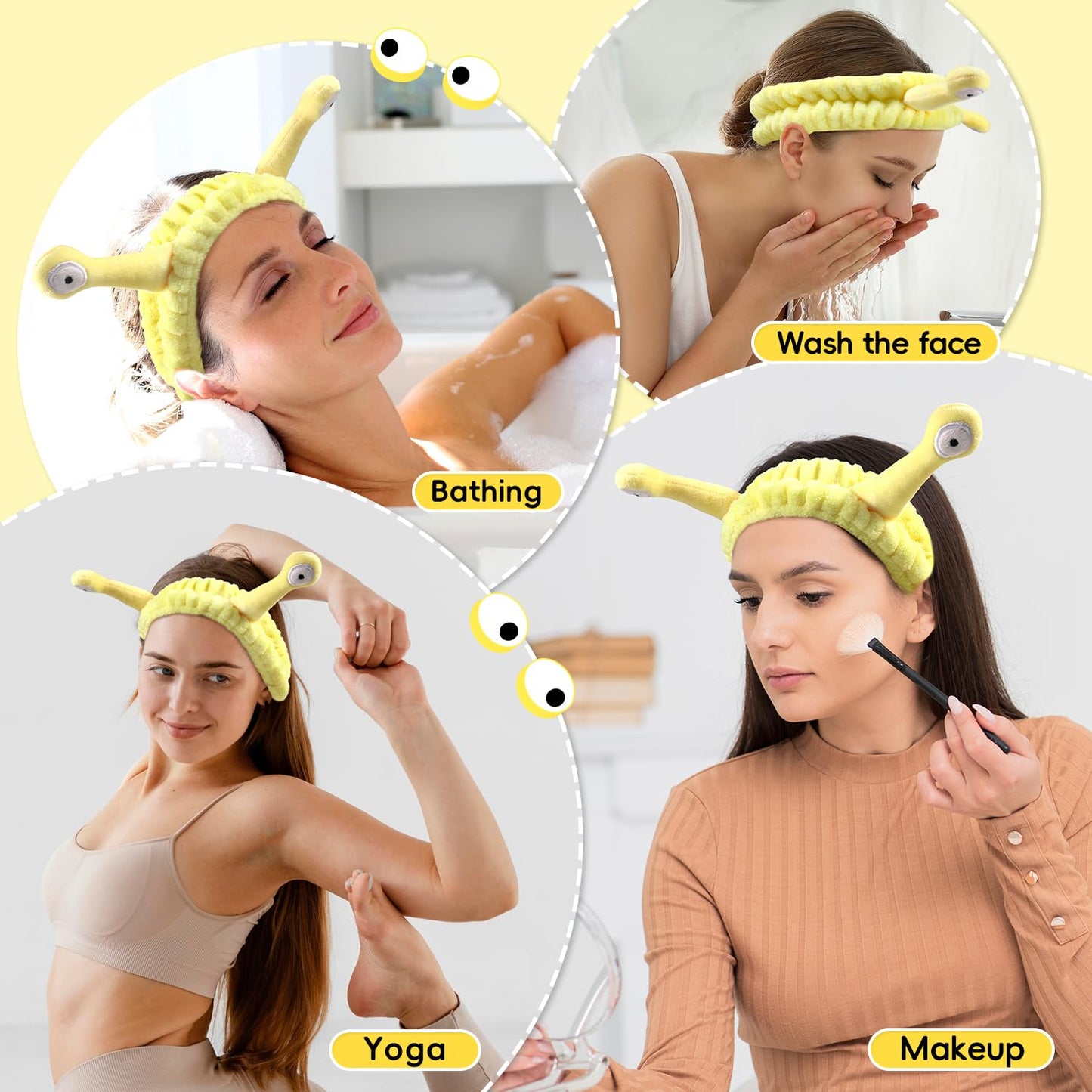 Face Wash Headband, Skincare Wrist Bands For Washing Face Set Spa Hair Bands come with a Hair Scrunchie, Cute Yellow snail tentacle Elastic Headband, For Face Washing Makeup Skincare (Yellow)