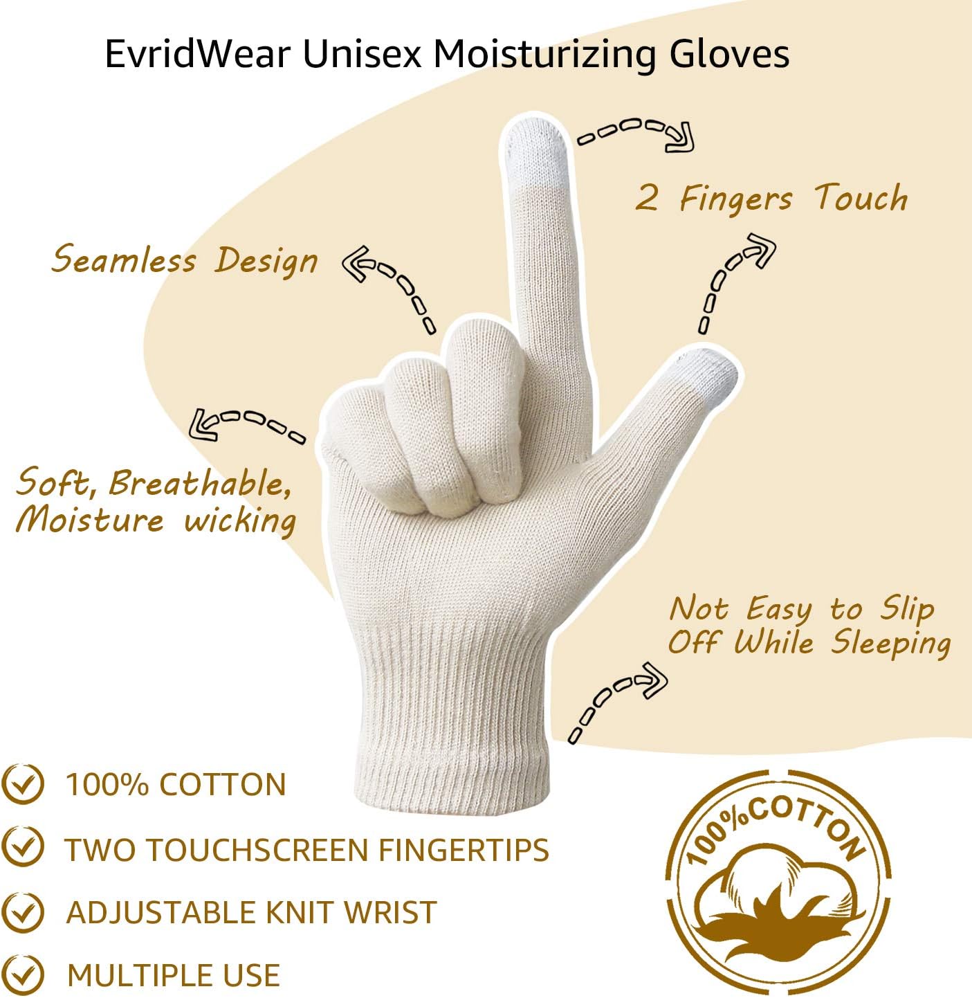 Evridwear Unisex Moisturizing Cotton Gloves with Touchscreen Fingertips for Eczema Beauty Cosmetic Dry Hands Sensitive Irritated Skin Therapy Overnight Bedtime, 6 Pairs, Lightweight-Beige, S/M