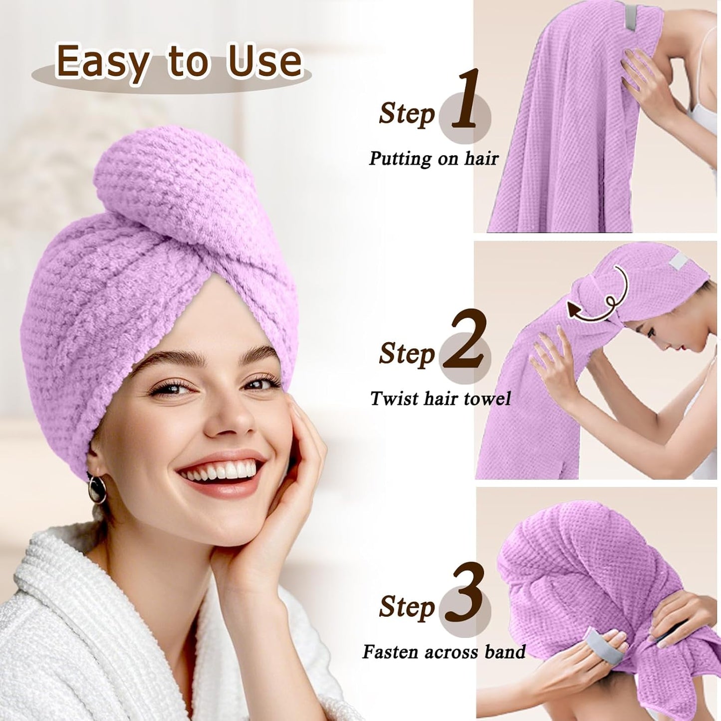 Large Microfiber Hair Towel for Women,Super Soft Anti Frizz & Quick Dry for Curly Hair,Ultra Absorbent Hair Wrap Towels for Long,Thick,Wet Hair 24x42 Inches (Purple)