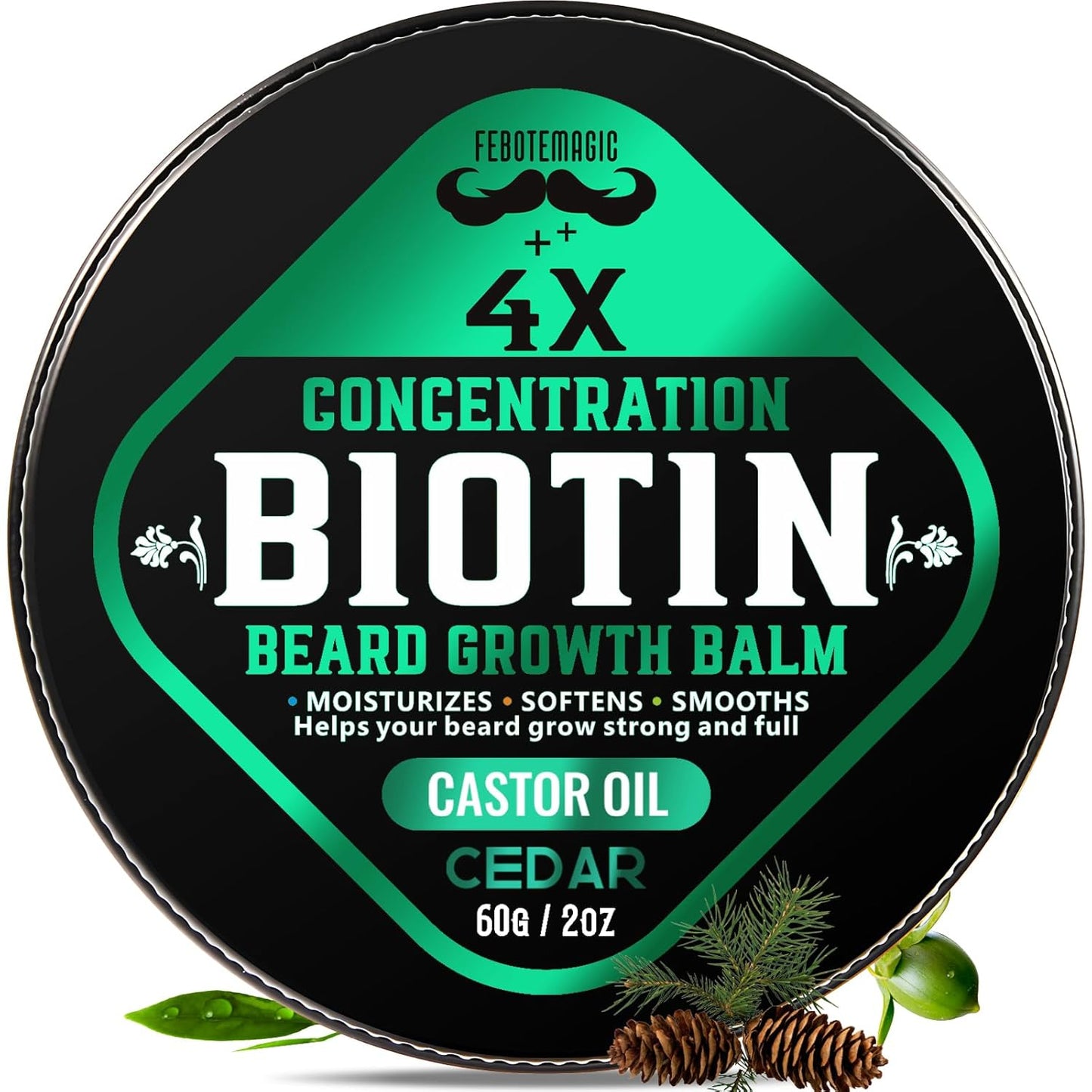 4X Concentration Biotin Beard Balm for Men – Natural Men's Grooming Butter with Castor, Shea & Jojoba Oil – Softens, Conditions & Styles – Non-Greasy Beard Growth Conditioner – 2 oz (Cedar)
