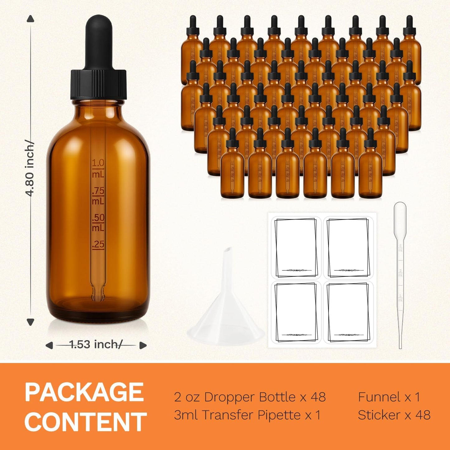 Bumobum 48 Pack, 2 oz Amber Glass Dropper Bottle with Measured Eye Dropper, 1 Funnel, 1 Pipette, 48 Labels, Tincture Bottle with Glass Eye Dropper - Leakproof Essential Oils Bottles