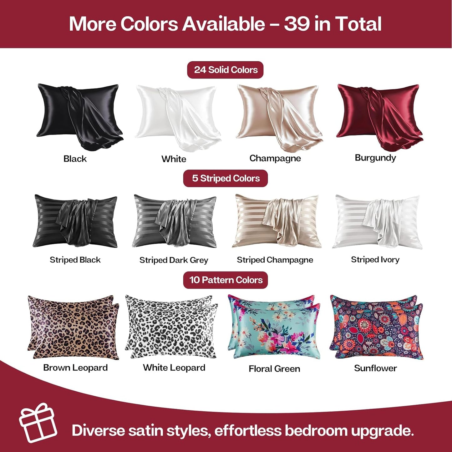 MR&HM Satin Pillowcase for Hair and Skin, Silk Satin Pillowcase 2 Pack, King Size Pillow Cases Set of 2, Silky Pillow Cover with Envelope Closure (20x40, Burgundy)