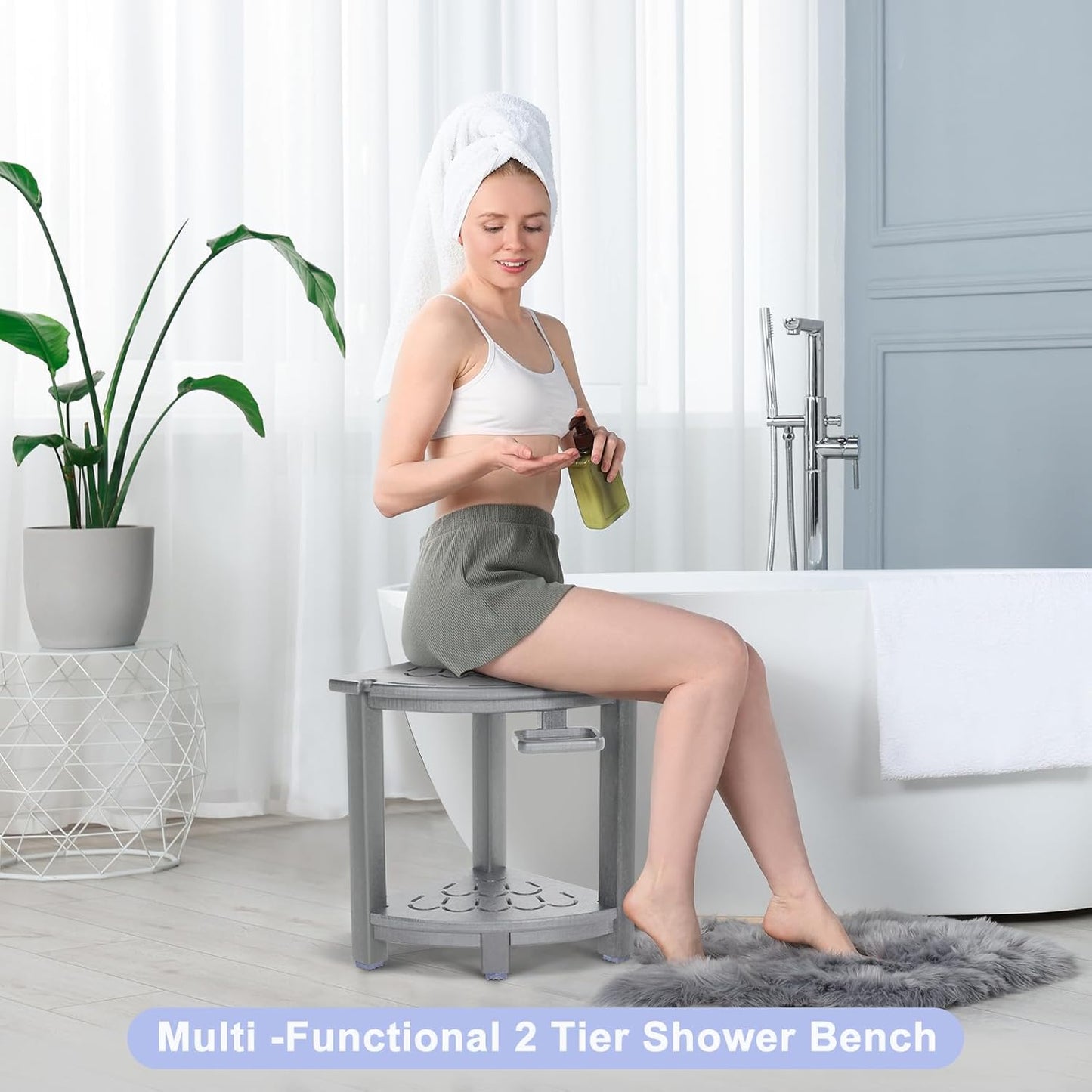 NALONE Corner Shower Stool, HDPE Shower Bench for Inside Shower, Small Shower Chair Seat for Shaving Legs with Storage Shelf, Soap Box and No-Slip Feet (Grey)