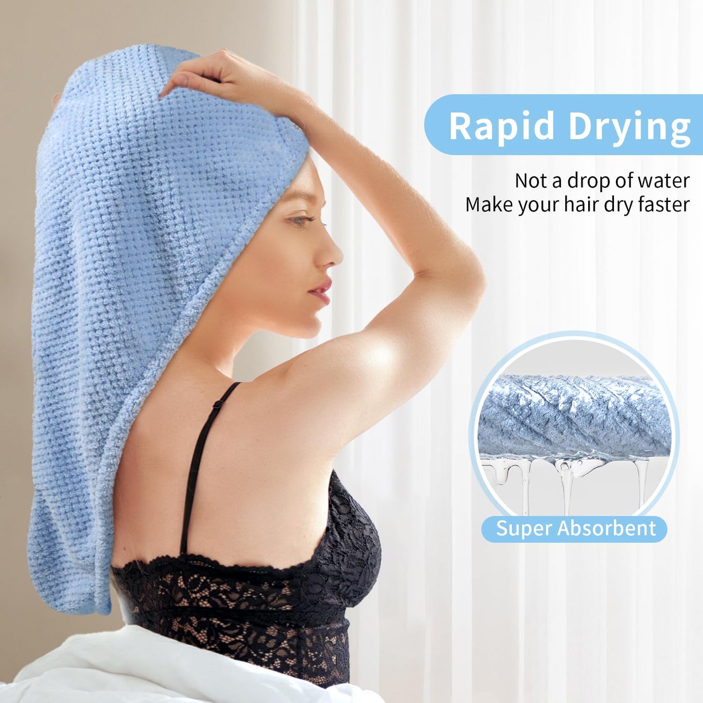 3 Pack Microfiber Hair Towel Wrap for Women 25.4"x9.8", Super Absorbent Hair Towel Wrap, Quick Dry Hair Towels with Button for Curly Hair Anti Frizz (Blue,Green,Gray)