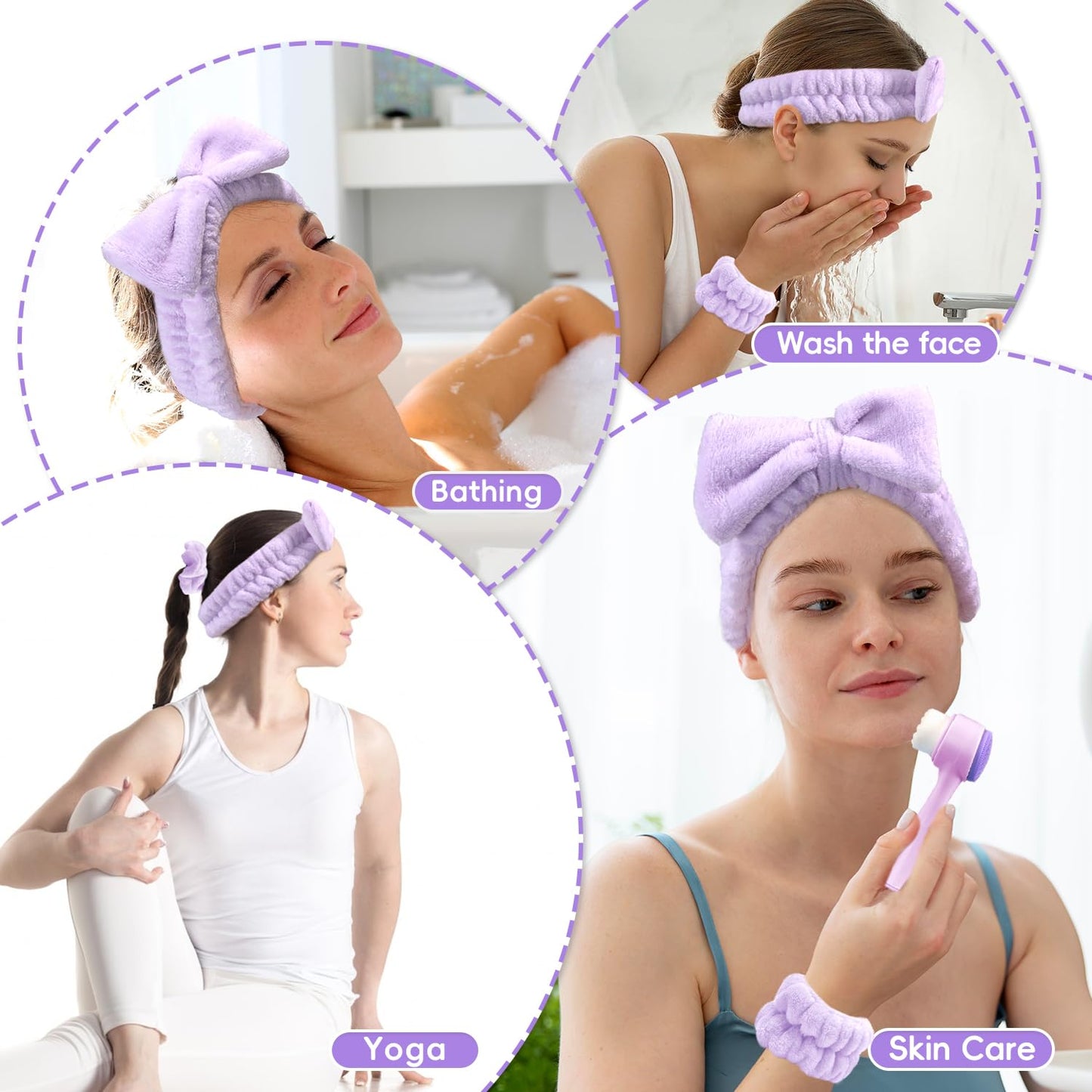 Spa Headband for Washing Face, Skincare headband and wristband set, Facial Cleansing Brush, 2-in-1 Skin Care face Brush, Come with a Hair Scrunchie For Massaging Makeup Skincare-Purple