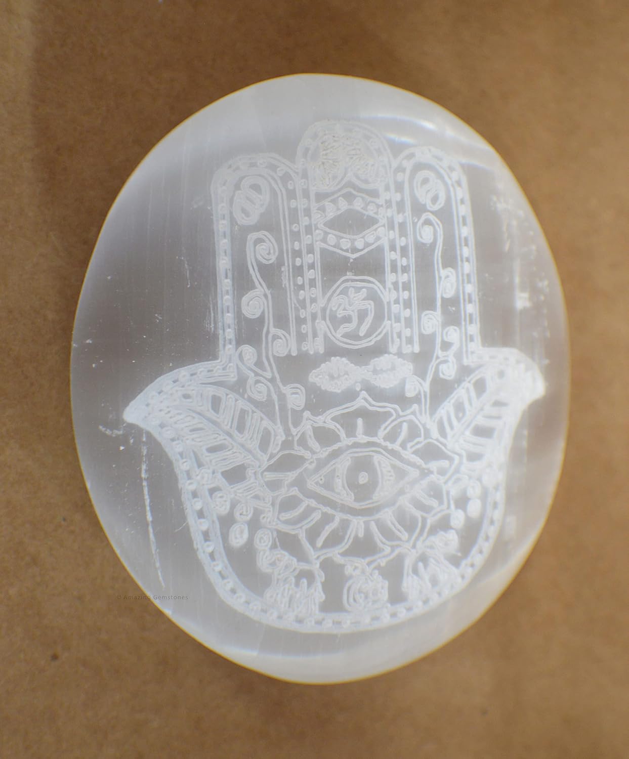 Amazing Gemstone Selenite Palm Stone - Hamsa Hand Engraved Hot Massage Worry Stone for Natural Body Chakra Balancing, Reiki Healing and Crystal Grid