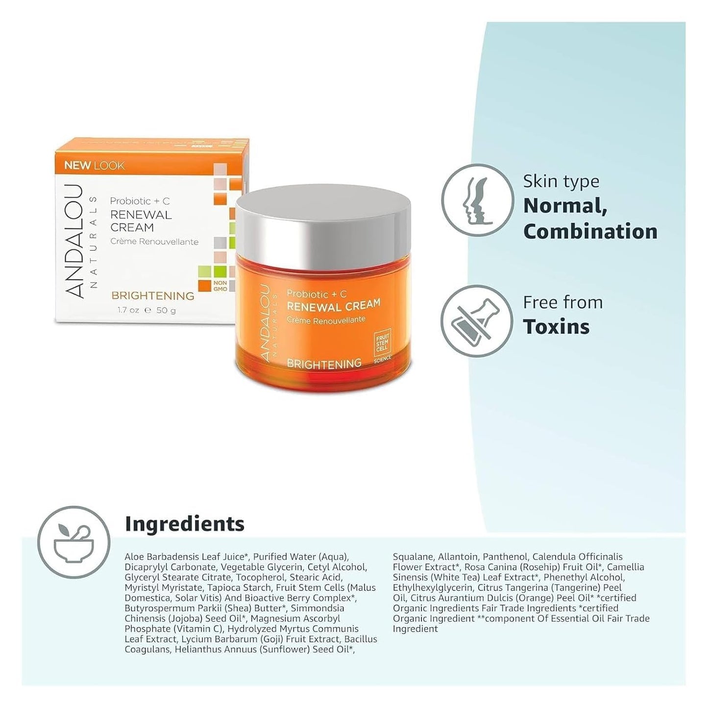 Andalou Naturals Probiotic + C Renewal Cream, Probiotic Plus C, Complexion Enhancing Face Moisturizer, Helps Promote Firmer Skin & More Even Skin Tone, Lightweight Hydrating Facial Moisturizer, 1.7 Oz