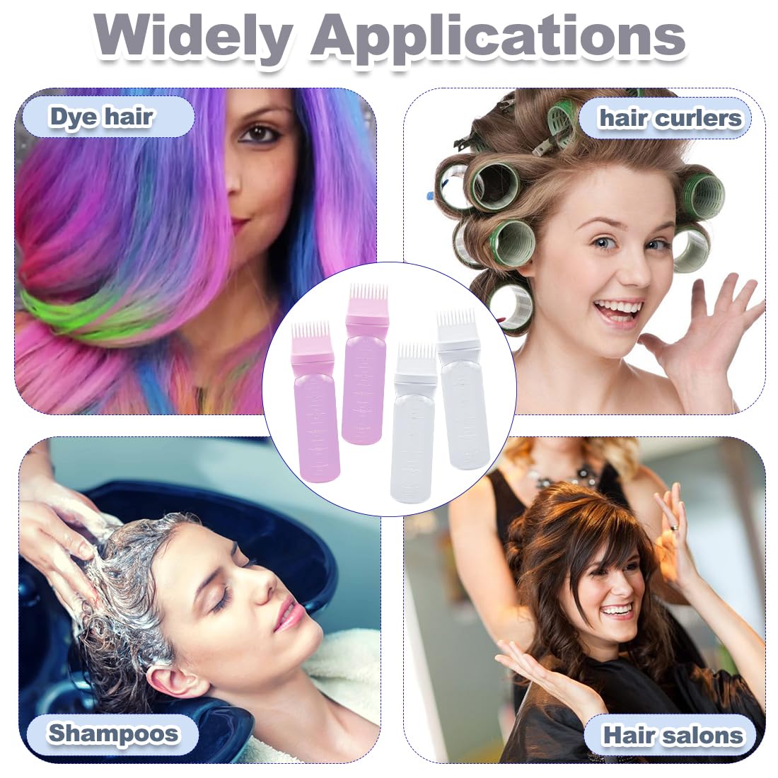 ELANE 4 Pcs Root Comb Applicator Bottle 6oz,Hair Oil Applicator Bottle for Hair,Oil Comb Applicator Hair Bottle Applicator for Hair Dye Shampoos Hair Salons Camping Traveling(white+pink)