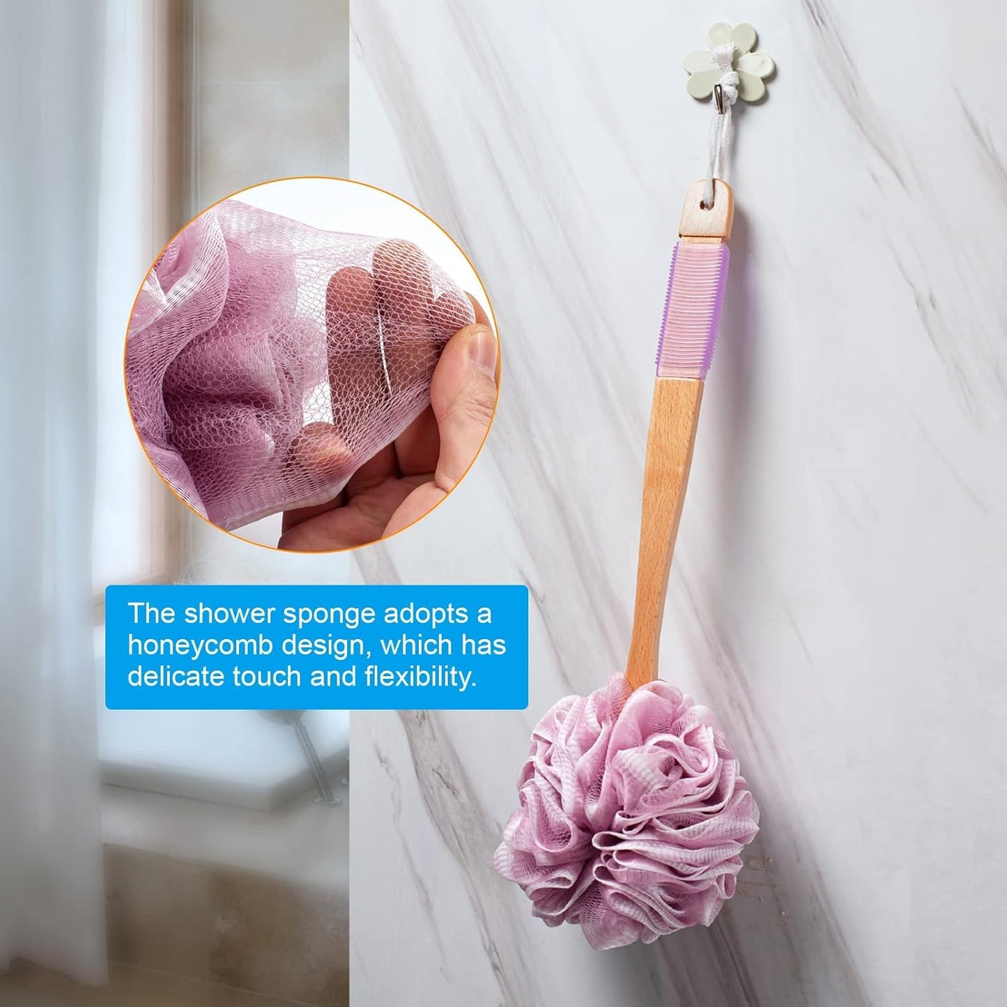 AmazerBath Shower Sponge Loofah Back Scrubber, PE Soft Mesh Loofah Body Scrubber with Long Wooden Handle, Bath Sponge for Men Women (Pink)