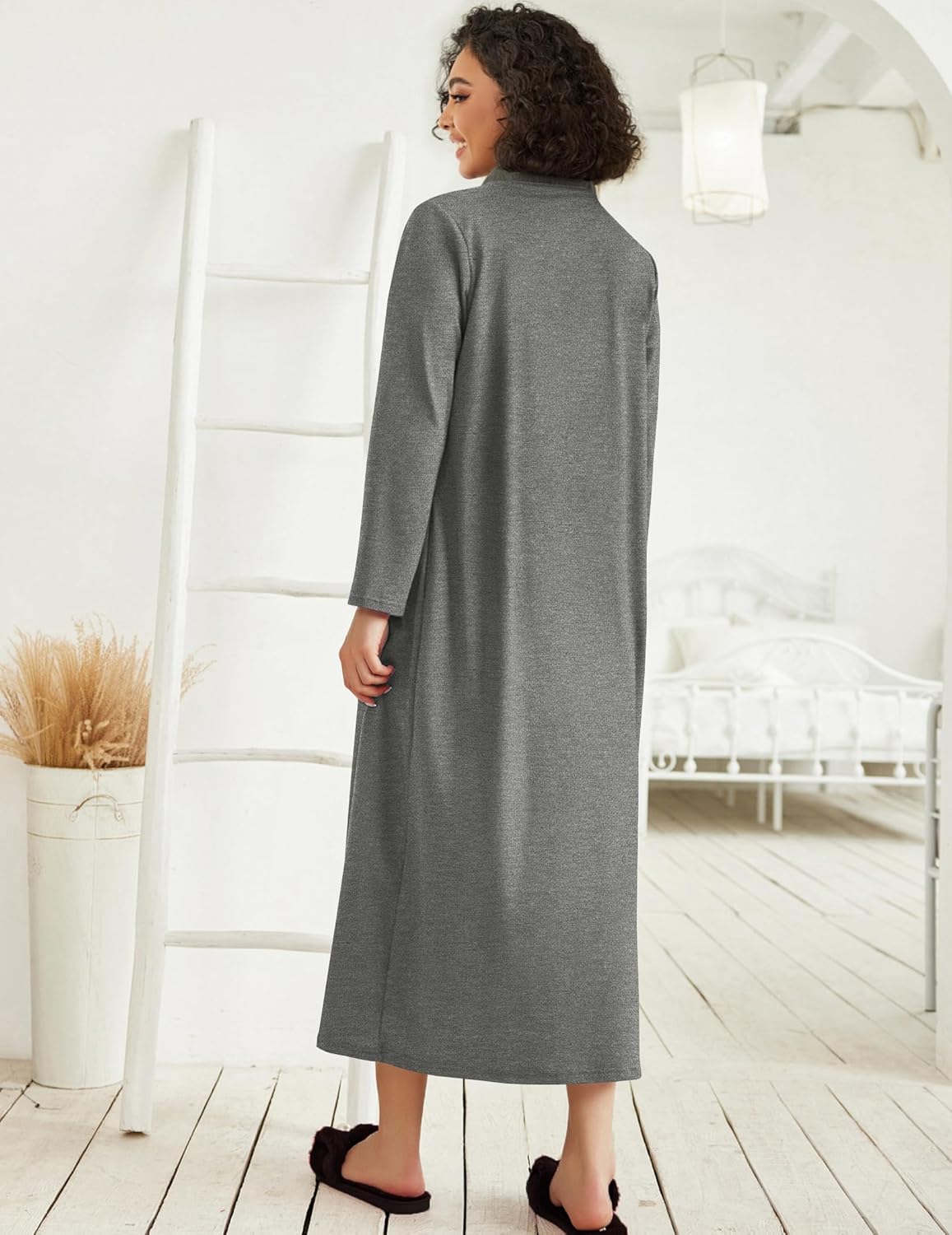 Ekouaer Women Zipper Robe Long Sleeve Loungewear Lightweight Housecoat Full Length Nightgown with Pockets