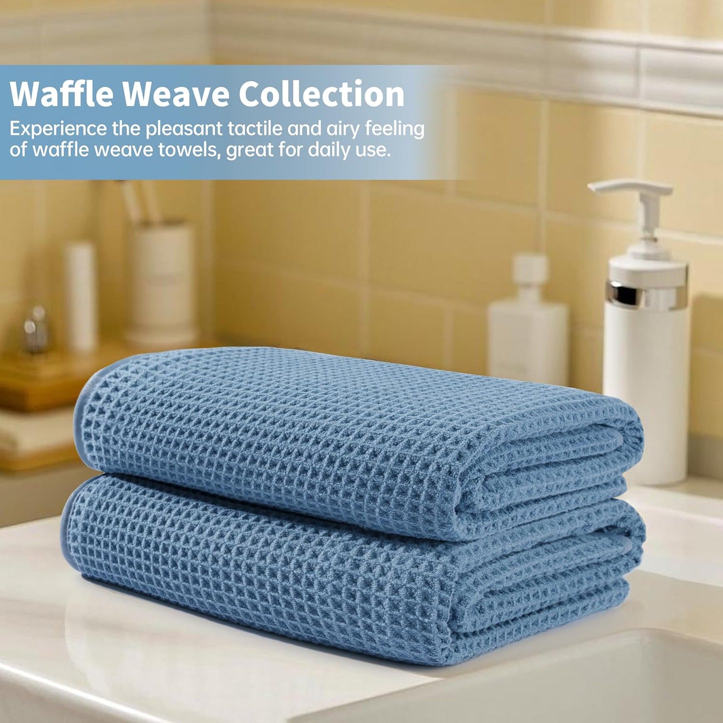 New Microfiber Waffle Bath Towels, 2 Pieces, Oversized, Soft, Absorbent, Fast Drying, Lint Free (Blue)