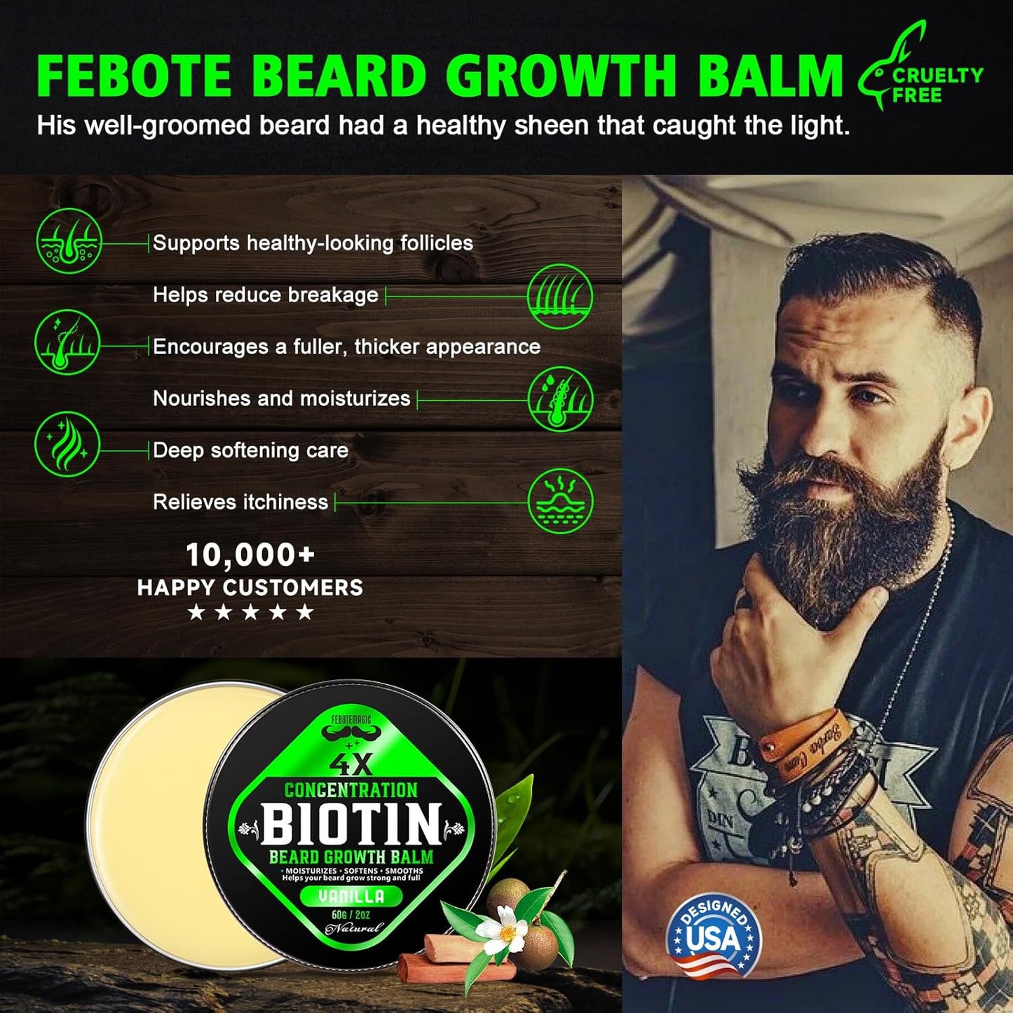 Biotin Beard Growth Balm for Men – Conditioning & Thickening Balm with Castor, Shea & Jojoba Oils – Non-Greasy, Softens & Nourishes for Fuller, Thicker Facial Hair – Vanilla Scent – 2 oz