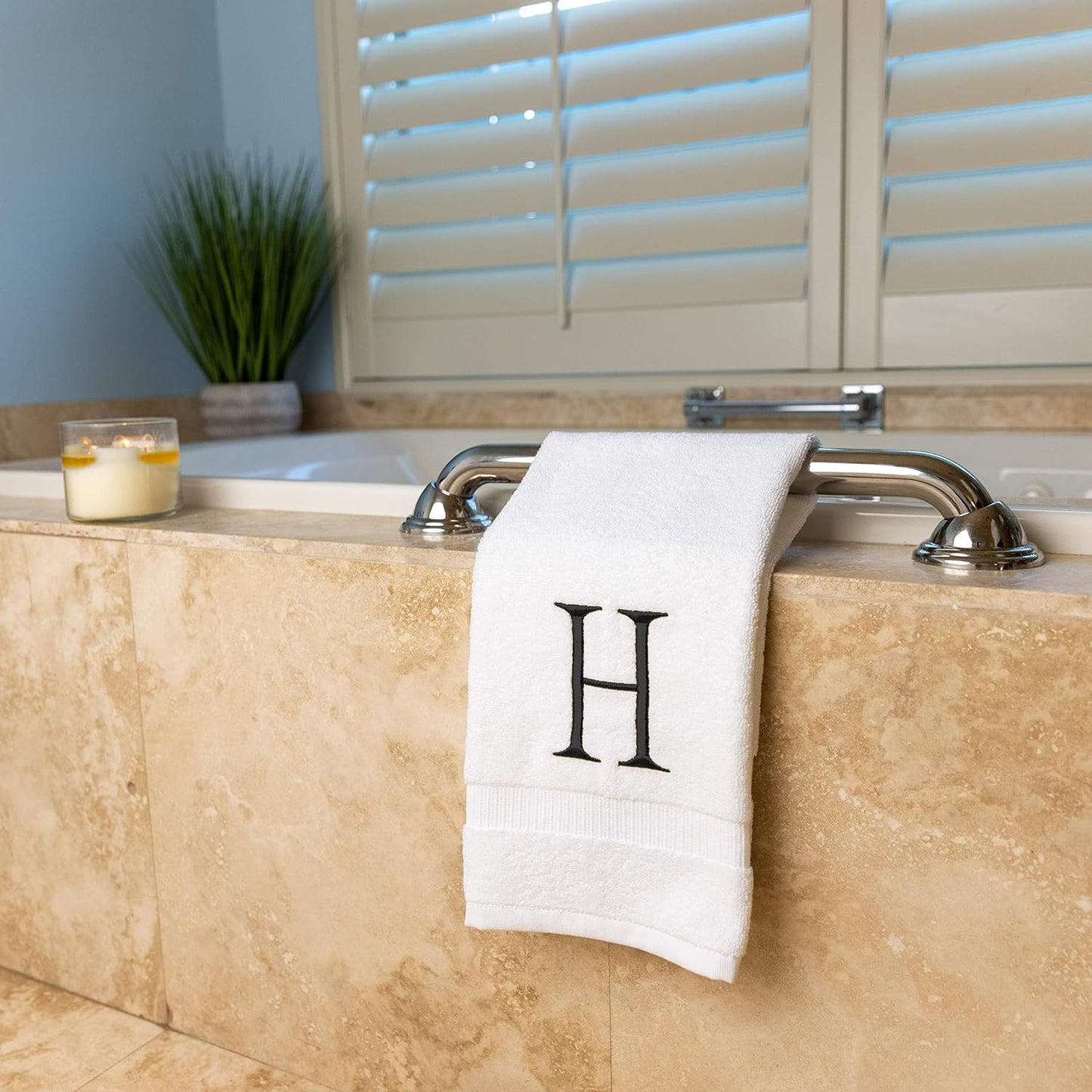 White and Dark Gray Monogrammed Hand Towel - Monogram Initial Hotel Quality Decorative Embroidered Luxury Towel for Powder Room, Spa - GOTS Organic Certified - Set of 2 Letter H