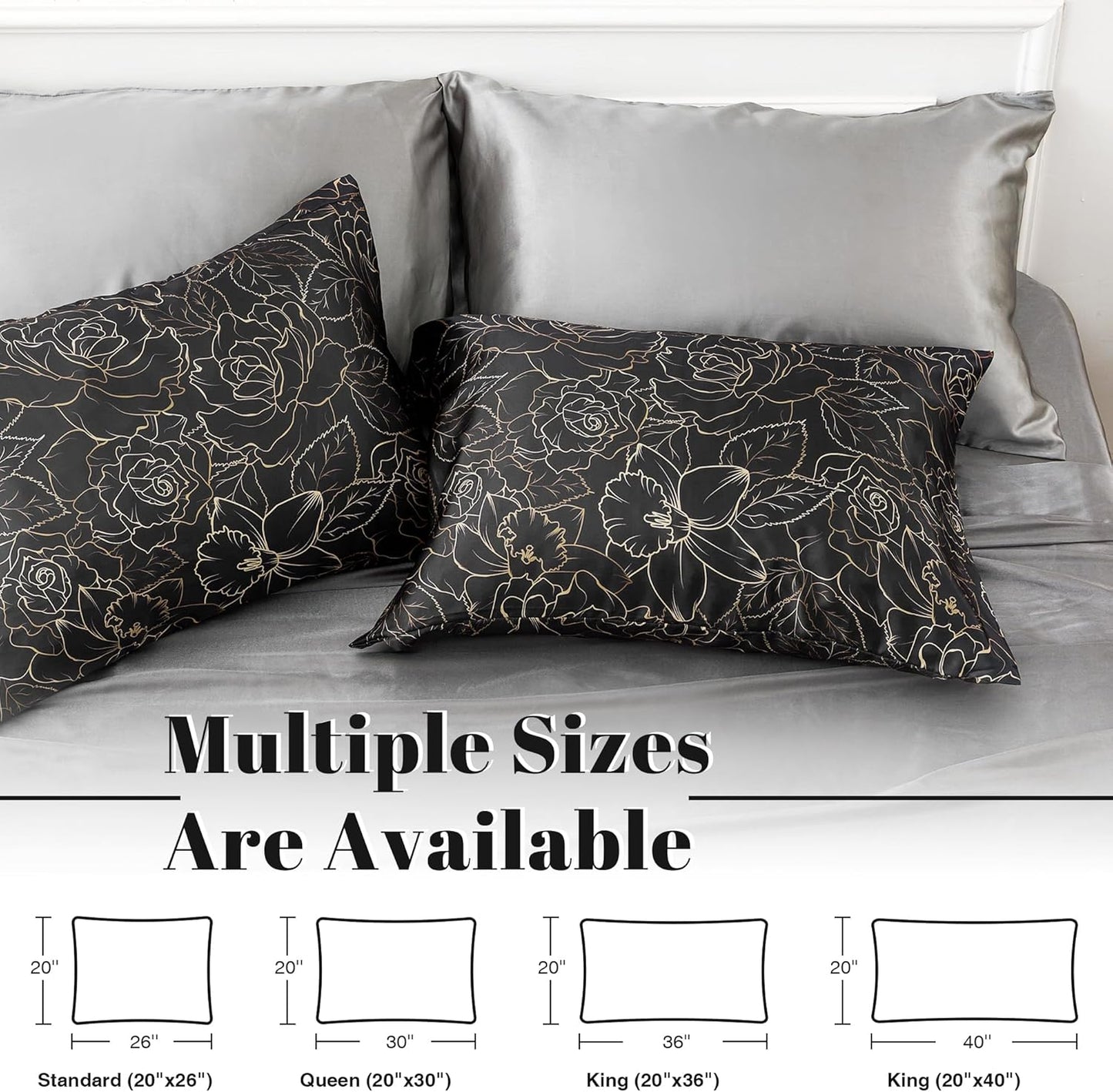 EXQ Home Satin Pillowcase for Hair and Skin- Rose on Black Silk Pillowcase 2 Pack 20x26 inches - Standard Size Pillow Cases with Envelope Closure, Gifts for Women