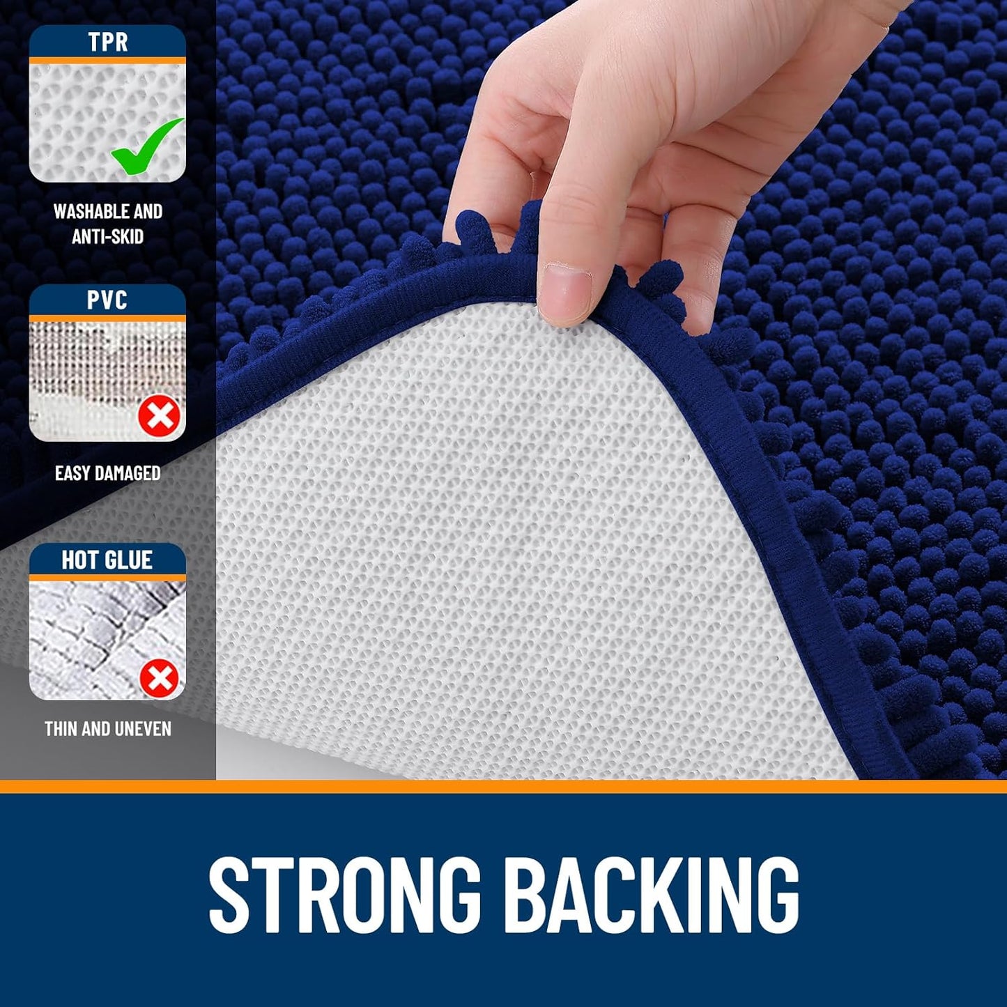 OLANLY Bathroom Rugs 47x17, Extra Soft Absorbent Chenille Bath Rugs, Rubber Backing Quick Dry, Machine Washable Bath Mats for Bathroom Floor, Tub and Shower, Home Decor Accessories, Navy