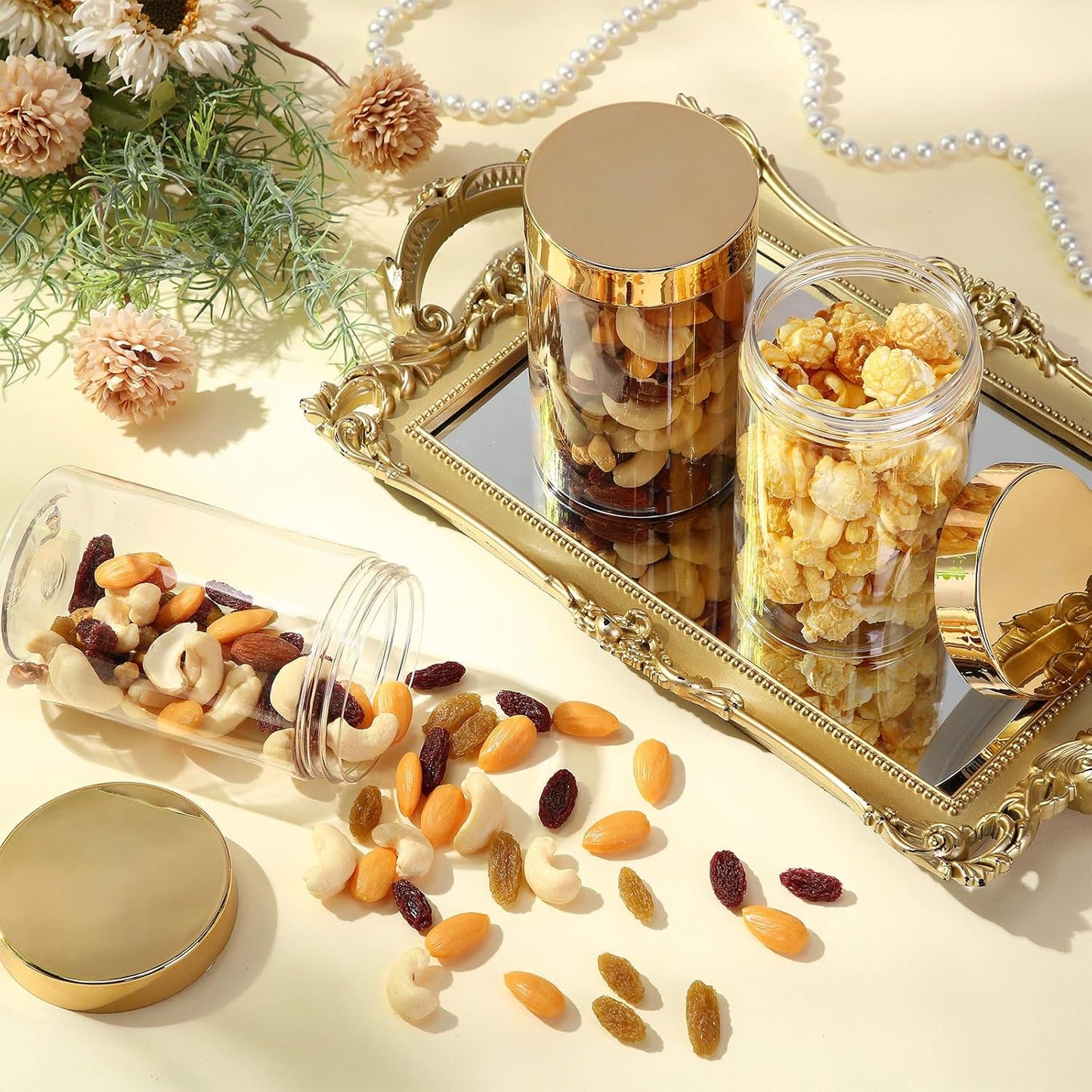 SATINIOR 12 Pack 12 oz Plastic Container Jars with Lids Round Clear Travel Cosmetic Container Slime Jars for Toiletries, Lotion, Cream, Ointments, Makeup, Rhinestone, Samples, Kitchen Storage(Gold)