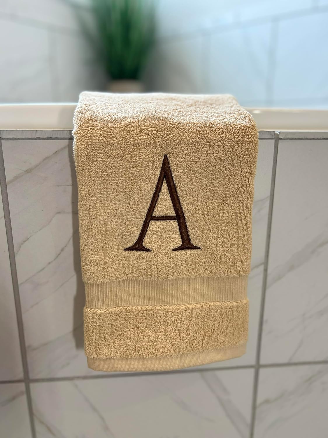 Beige Initial Hand Towel for Bathroom - Monogrammed Luxury Hotel Quality Decorative Embroidered Towel for Powder Room, Spa - GOTS Organic Certified - Set of 2 Brown Letter V