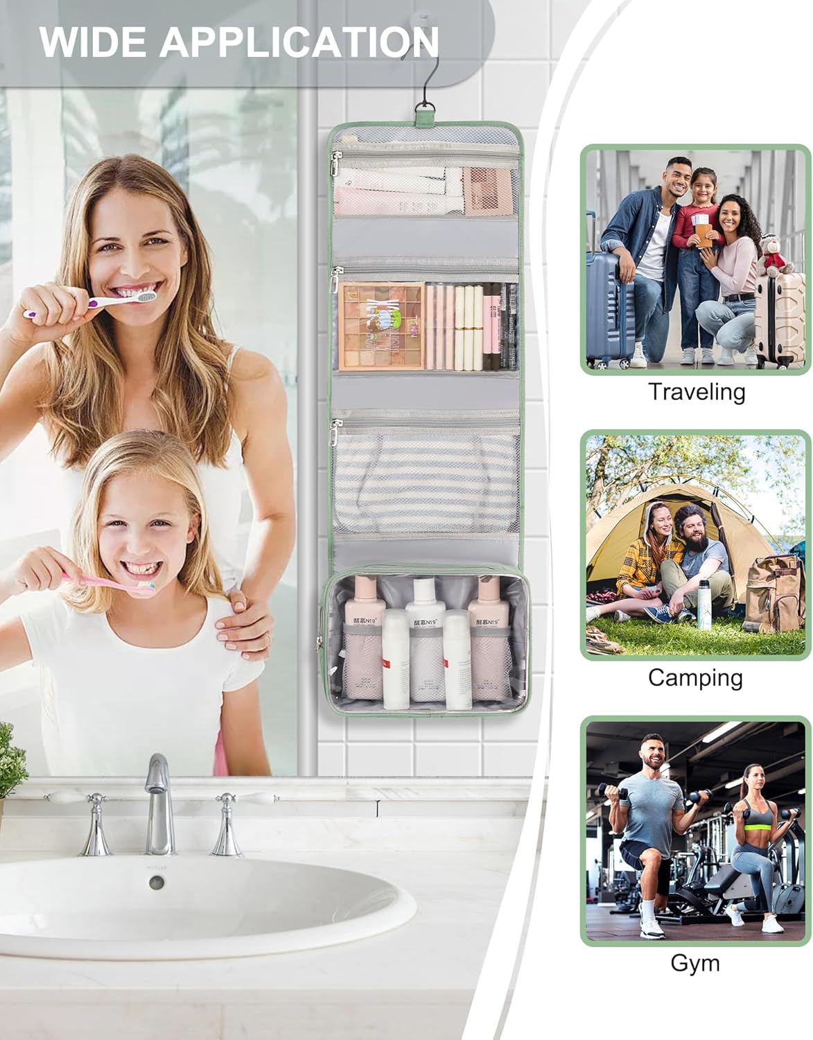 Relavel Travel Hanging Toiletry Bag for Men Women Travel Kit Shaving Bag Waterproof Large Makeup Bag Wash Bag Makeup Organizer Cosmetic Case for Bathroom Shower Green Pro