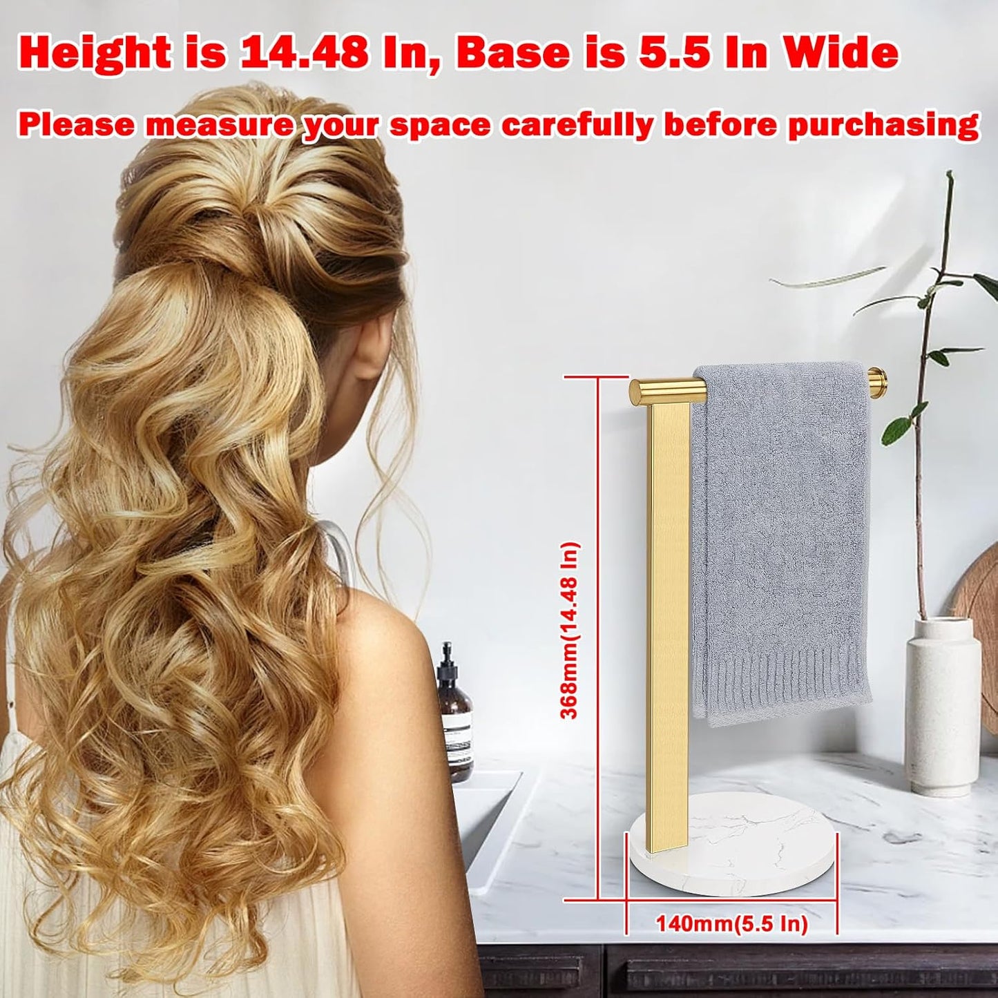 Hand Towel Holder Stand for Bathroom, L- Shaped Standing Hand Towel Rack, Towel Bar Kitchen Vanity Countertop Organizer, SUS304 Stainless Steel Material (Marble Base, Gold)