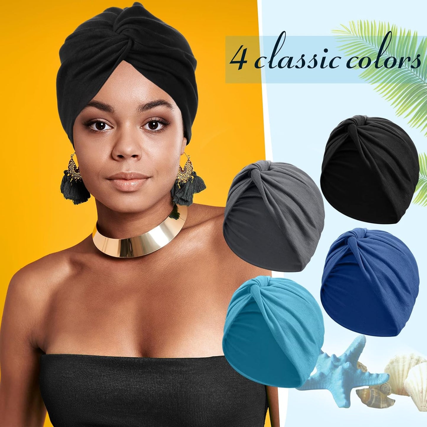 SATINIOR 4 Pieces Turbans for Women Soft Pre Tied Knot Fashion Pleated Cancer Turban Cap Chemo Headwrap Sleep Hat, 4 Colors