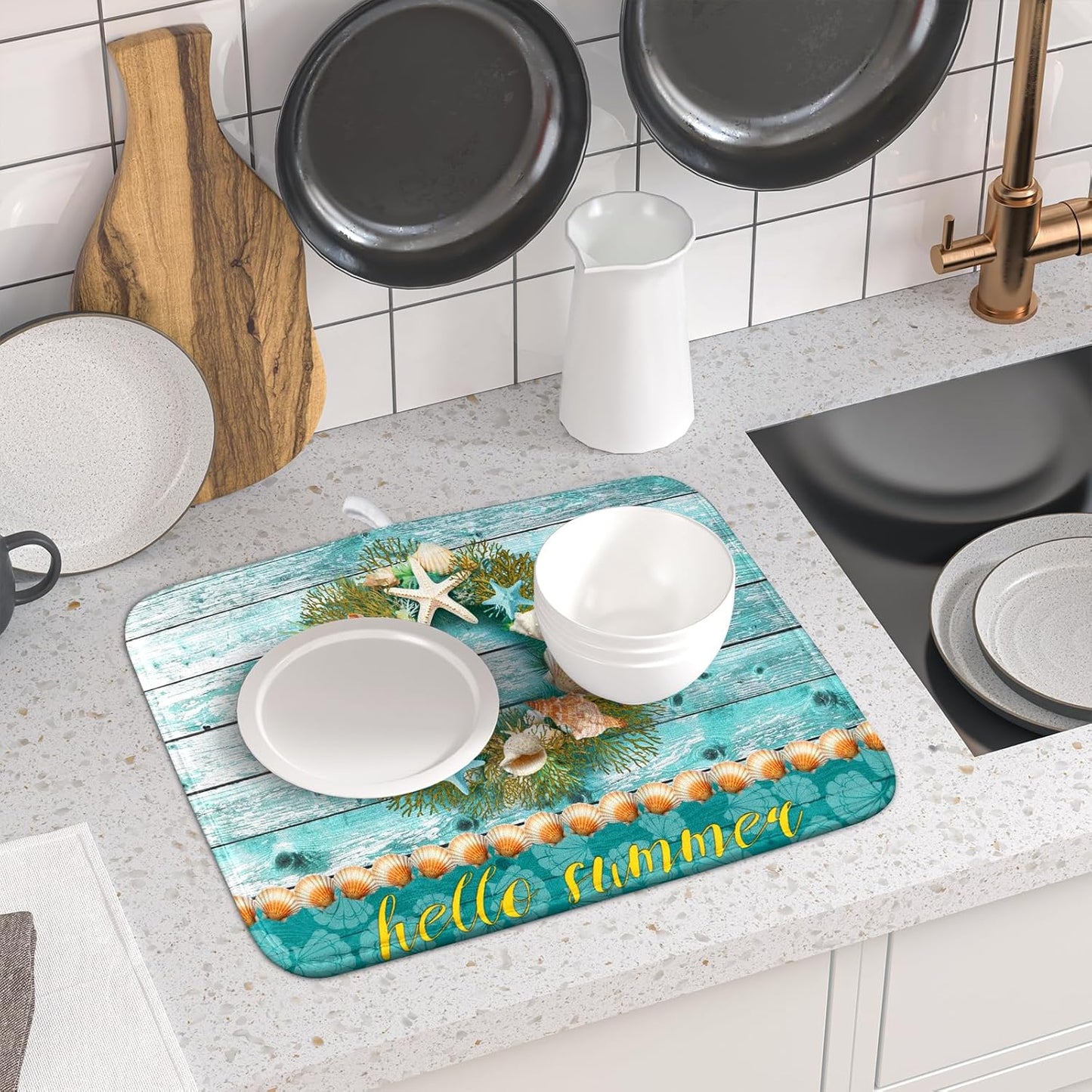 Coastal Wreath Dish Drying Mat 16x18 inch Starfish Shell Absorbent Microfiber Dish Rack Mats Drainer Pad Kitchen Countertop Accessories
