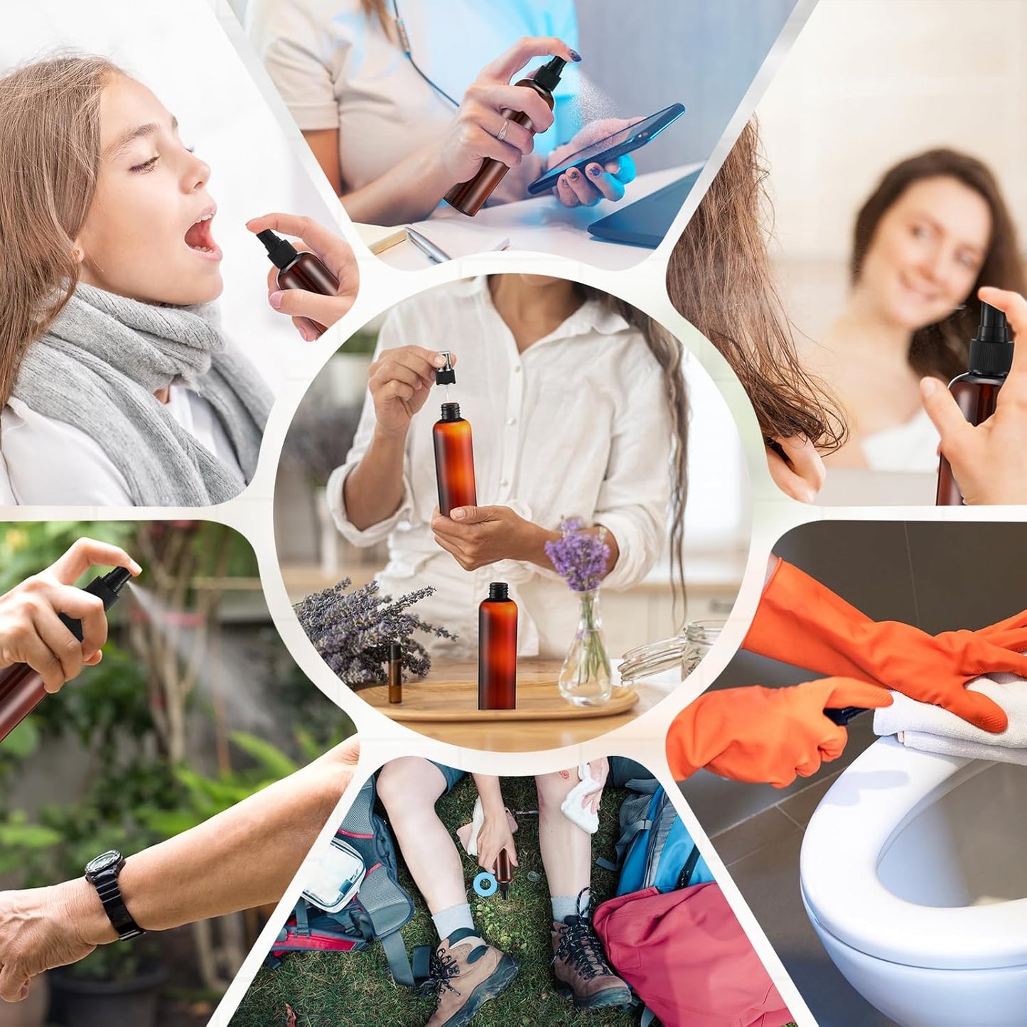 Eccliy 32 Pcs 8 oz Spray Bottles Fine Mist Cleaning Bottles Clear Empty Plastic Travel Sprayer Refillable Sprayer with Cap for Cleaning Solutions Oils Travel Perfumes(Amber,Clear)