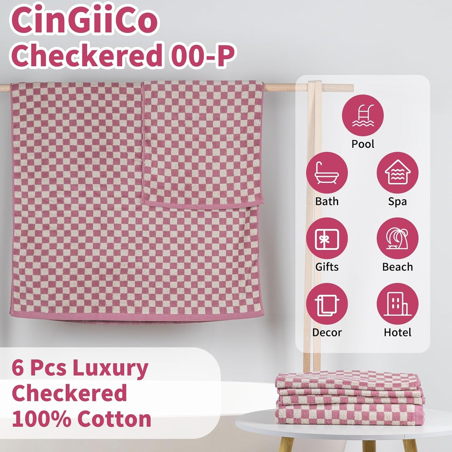 Checkered Bath Towels Set of 6 Large, 520GSM, 100% Cotton Shower Towels * 2 (55.12"*27.56"), Hand Towels * 4 (29.52"*13.77"),Towels for Bathroom、Pool、Hotel, Spa, Soft Absorbent(Pink