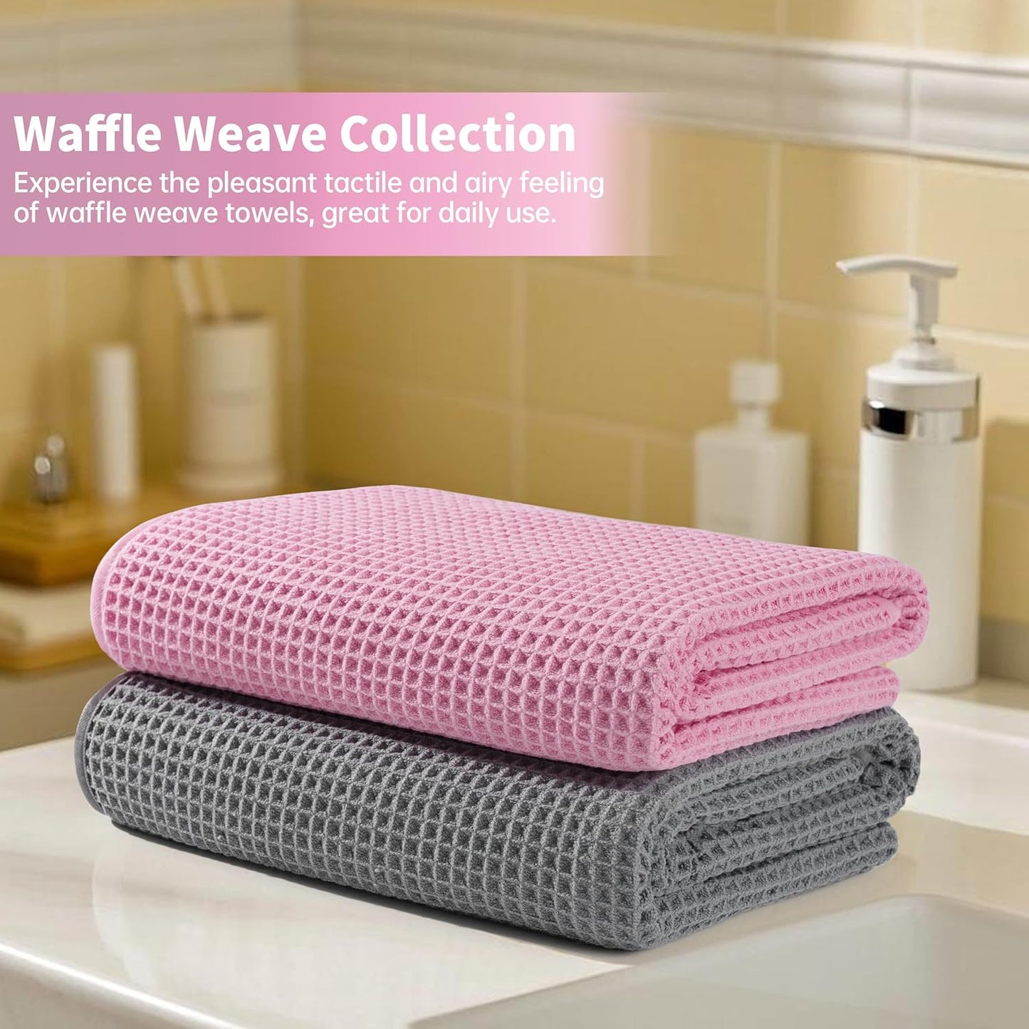 New Microfiber Waffle Bath Towels, 2 Pieces, Oversized, Soft, Absorbent, Fast Drying, Lint Free (Gray+Pink)