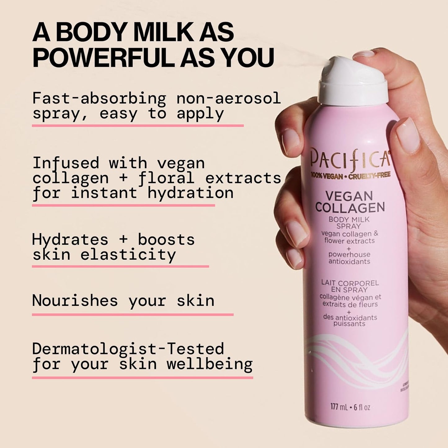 Pacifica Spray Lotion for Body - Vegan Collagen Body Milk Spray – Hydrating Moisturizer Mist Fast-Absorbing Instantly Hydrates & Softens Skin Jasmine & Vanilla Natural Scent Clean Beauty Non-Aerosol