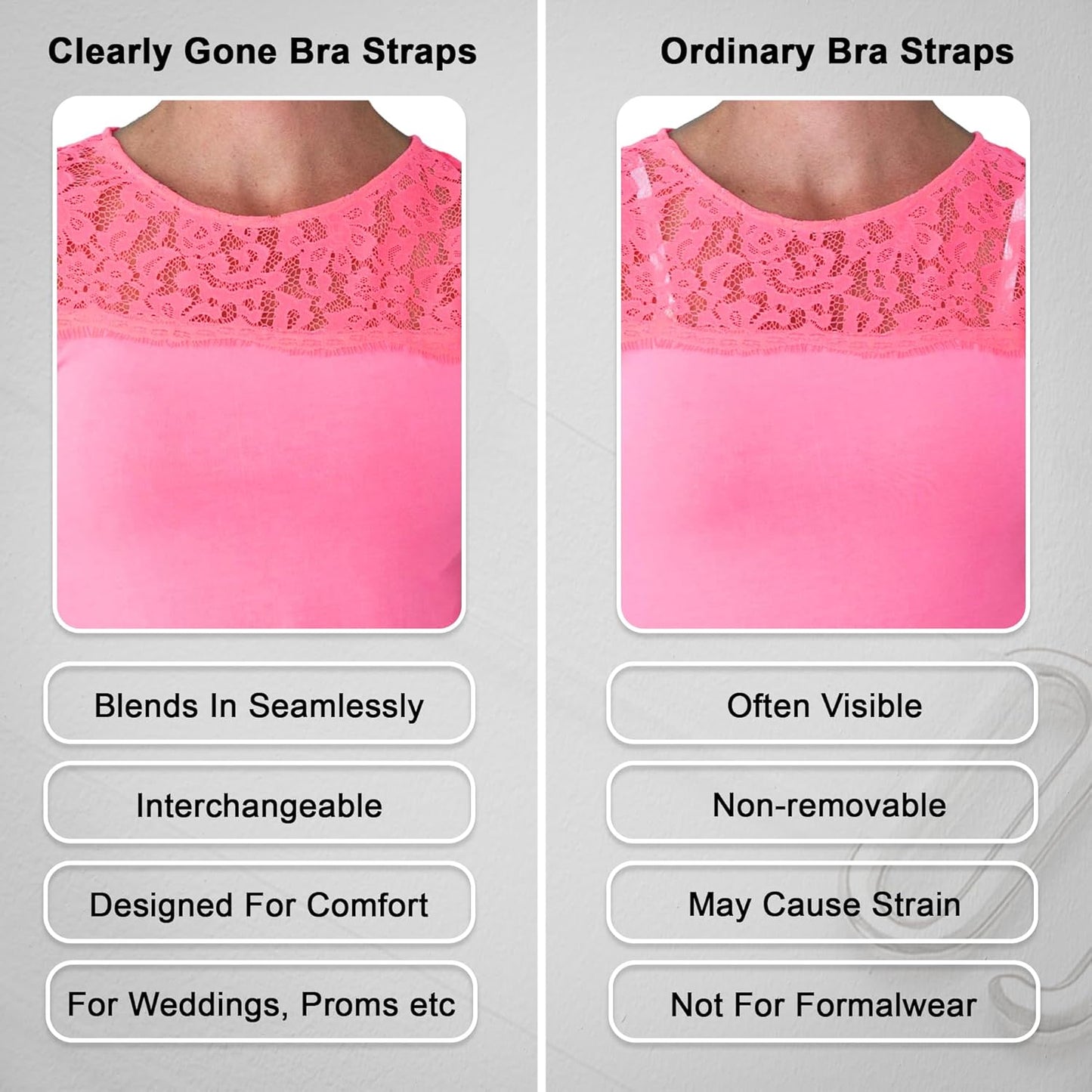 Fashion First Aid Clearly Gone Invisible Clear Bra Straps for Women – 3/4 Inch Wide with Metal Hooks – Adjustable Transparent Strap Pair for Strapless and Convertible Bras