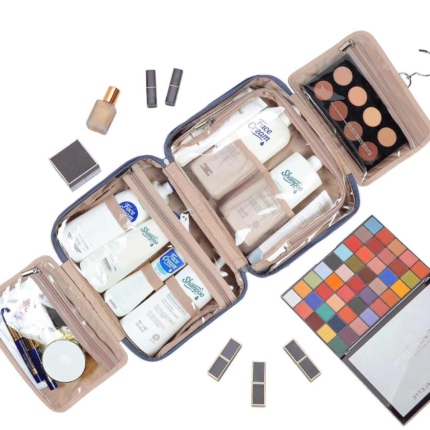 NISHEL Travel Toiletry Bag for Women Large Capacity, Makeup Essentials Organizer, Hanging Case for Accessories, Cosmetics, Aegean-Blue