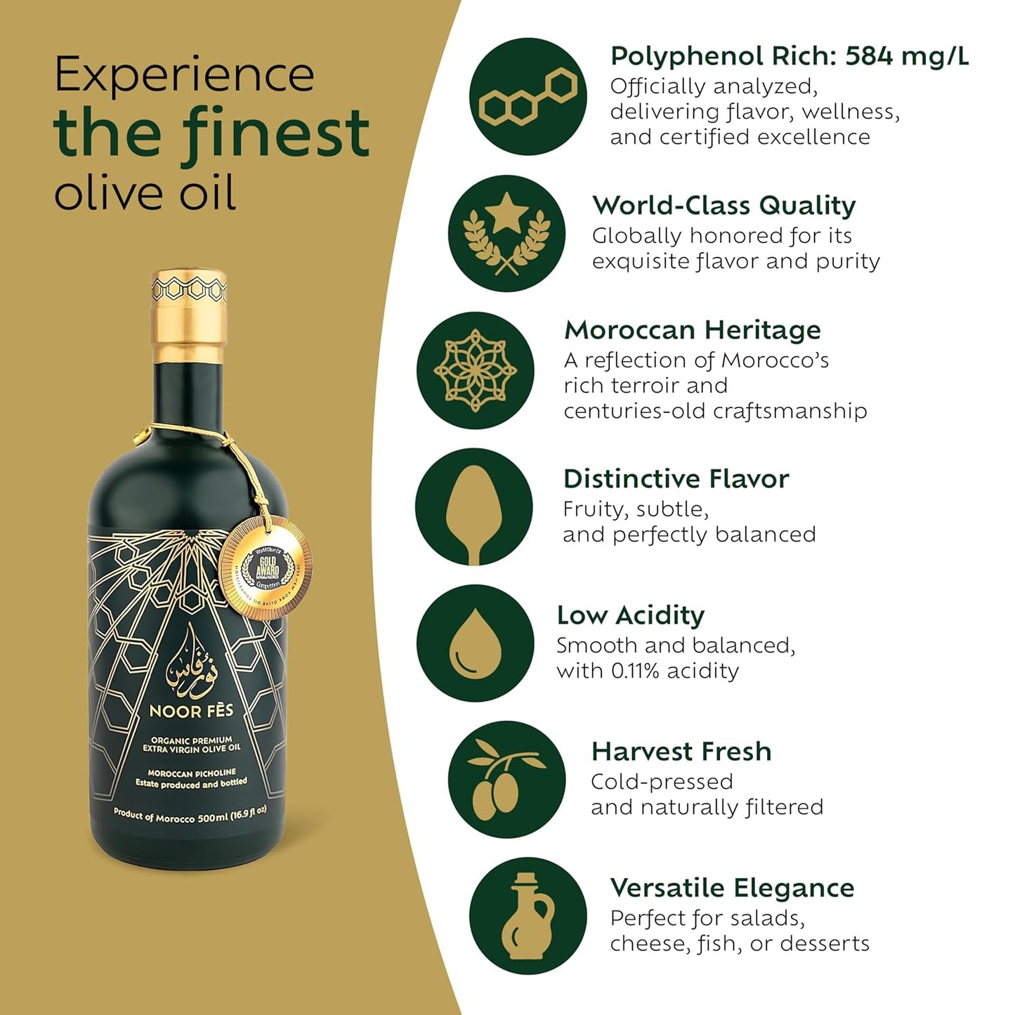 NOOR FÈS USDA Organic | 20+ Awards 584 mg/kg Polyphenol Rich | Premium Extra Virgin Olive Oil | Moroccan Cold Pressed EVOO | Less than 0.15% Acidity | Handpicked Picholine Olives | Pack of 2