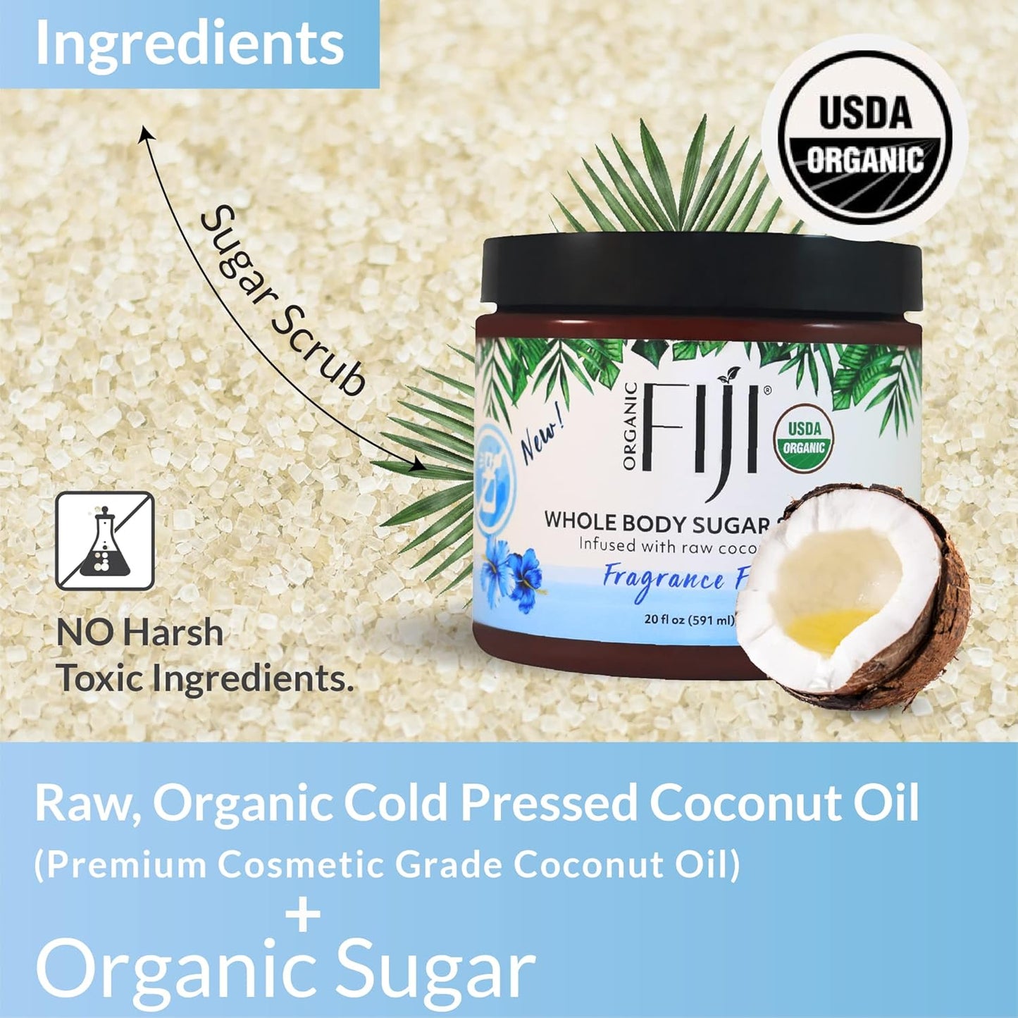 Organic Fiji Whole Body Scrub - Infused with Coconut Oil, Exfoliating Sugar Scrub for Smooth and Soft Skin, Exfoliates & Restores Skin's Natural Biosphere, Fragrance Free 20 oz