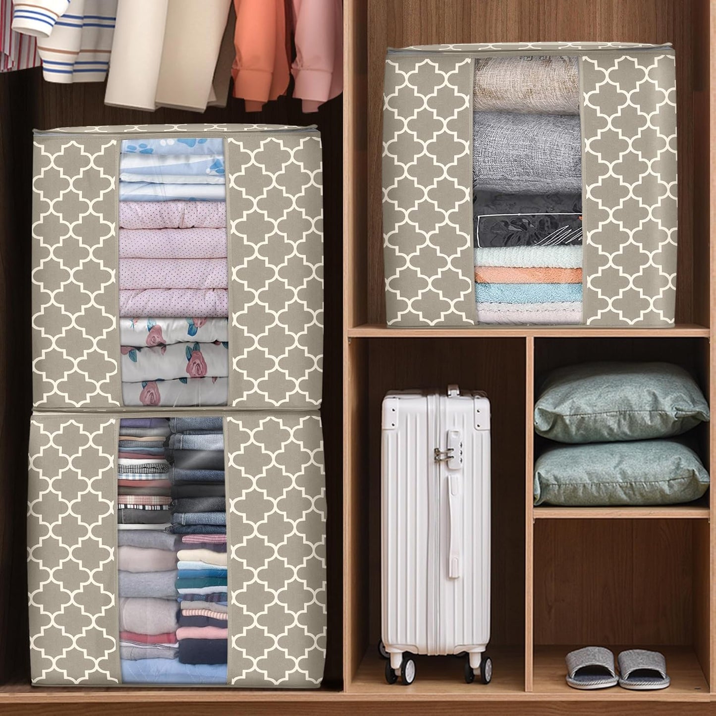 WISELIFE Storage Bags 8 Pack/100L Large Blanket Clothes Organization and Storage Containers for Comforters,Bedding, Foldable Organizer with Reinforced Handle, Clear Window, Sturdy Zippers,Beige