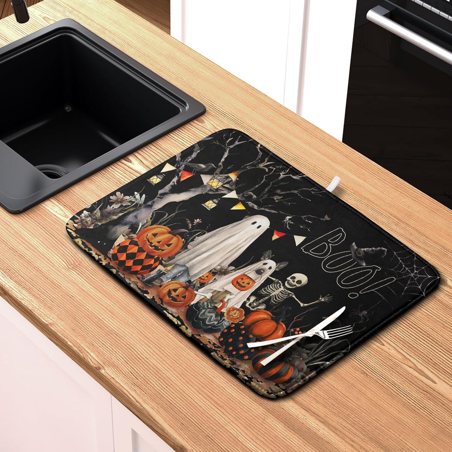 Halloween Dish Drying Mat for Kitchen Counter 18x24 Inch Black Ghost Pumpkins Dog Boo Skull Dishes Drainer Mats Absorbent Microfiber Washable Dish Draining Pad for Sink Coffee Bar