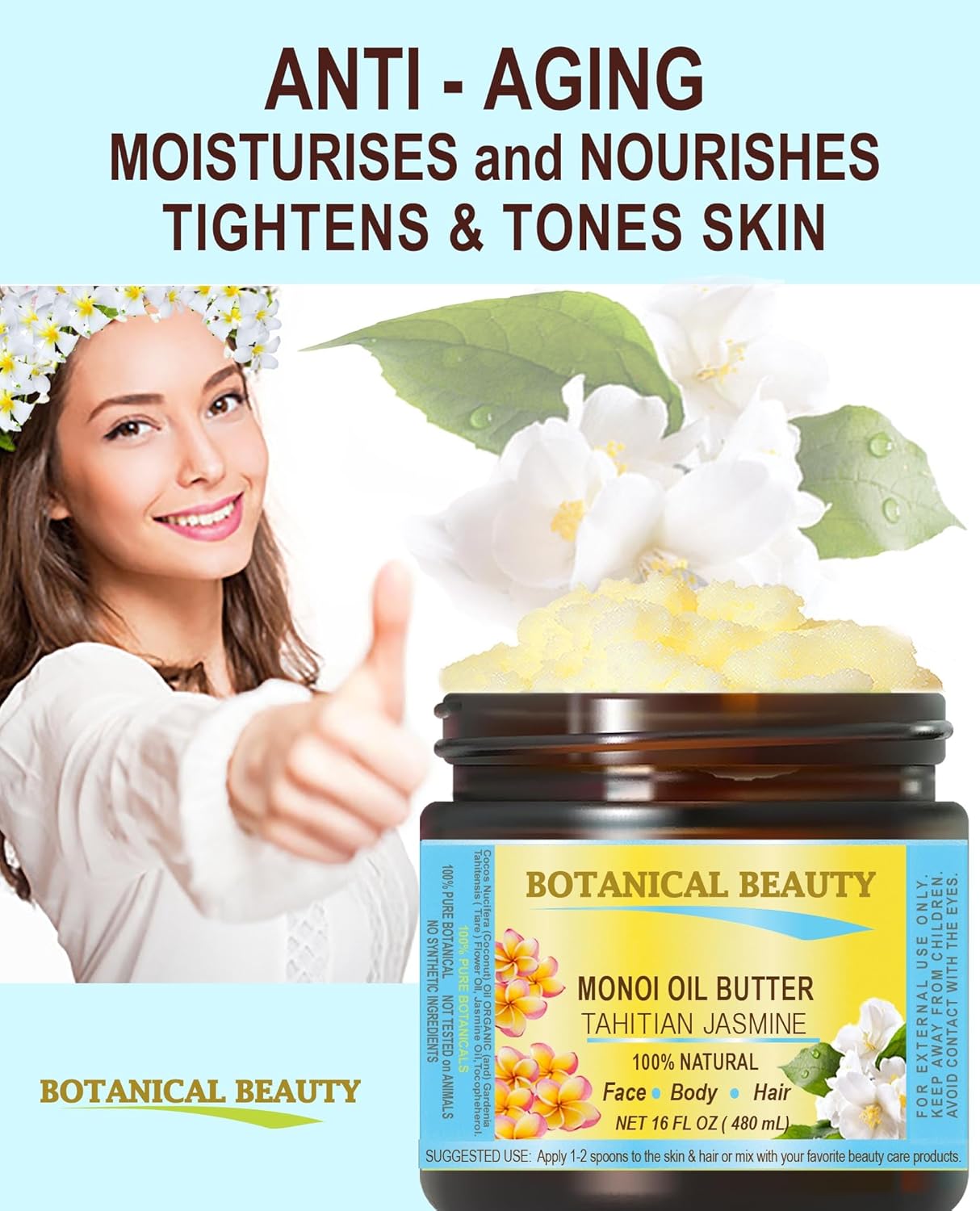 Botanical Beauty MONOI OIL BUTTER TAHITIAN JASMINE Pure Natural Virgin Unrefined RAW for FACE, SKIN, BODY, DAMAGED HAIR, NAILS (16 Fl Oz)