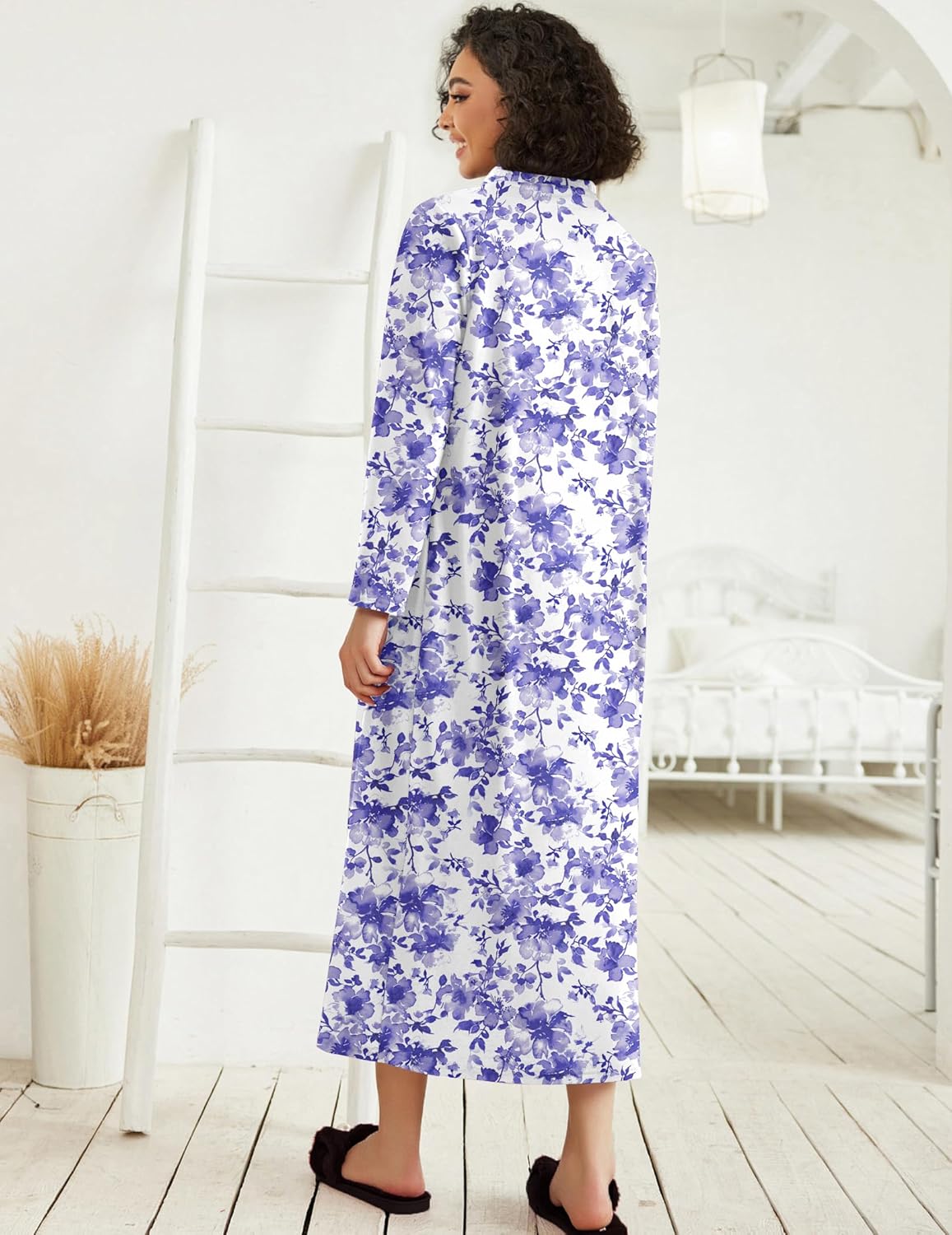 Ekouaer Women Zipper Robe Long Sleeve Loungewear Lightweight Housecoat Full Length Nightgown with Pockets