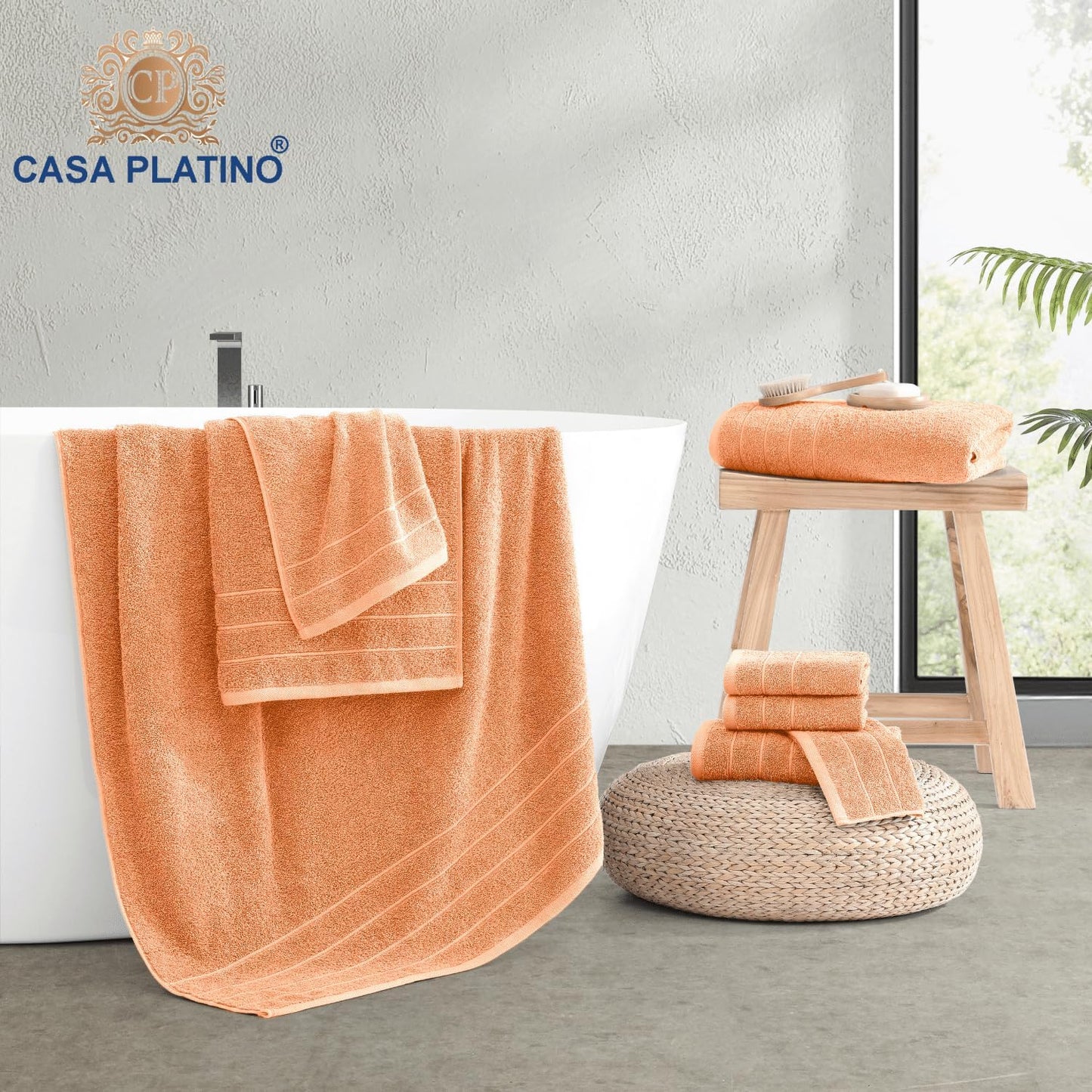 Casa Platino 100% Cotton Bathroom Towel Set - 8 Pc - Ringspun, Quickdry, Super Soft & Highly Absorbent - 2 Large Bath Towels, 4 Washcloths, 2 Hand Towel - Pre Shrunk & Fade Resistant - Peach Fuzz