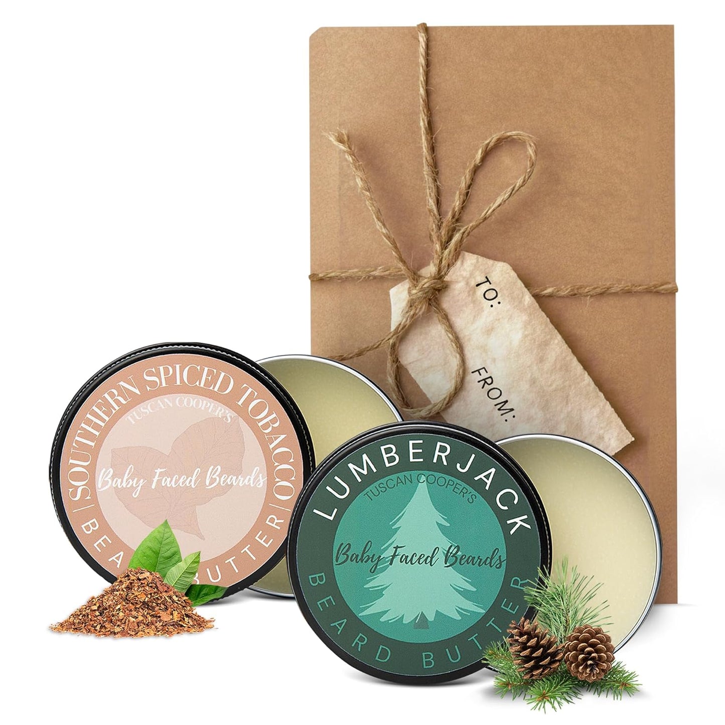 Tuscan Cooper's Baby Faced Beards Butter For Men - 2 Pack Bundle - Southern Spiced Tobacco, and Lumberjack Scents - Moisturizing Beard Balm Cream and Softener for All Hair Types Including Coarse Hair
