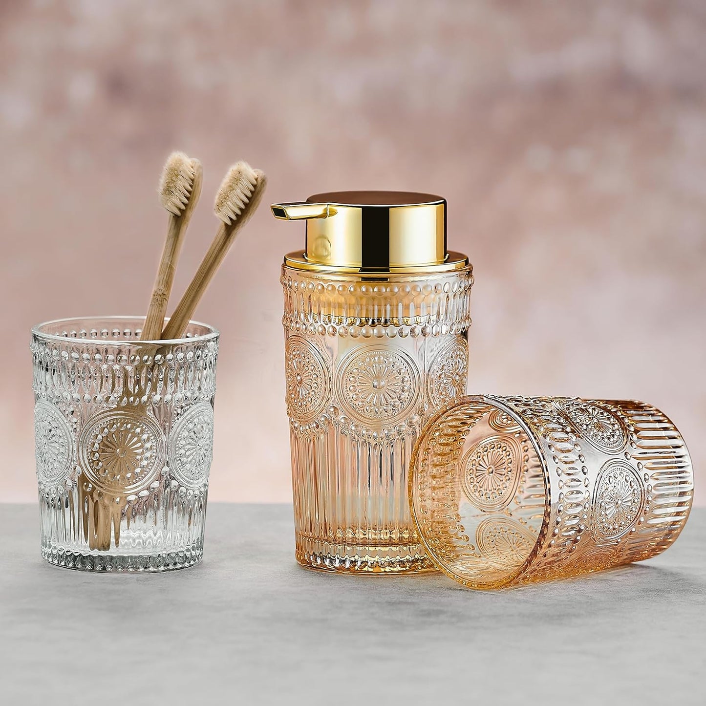 Glass Foam Soap Dispenser - Toothbrush Holder & Refillable Lotion Dispenser (S-Gold-Foaming)