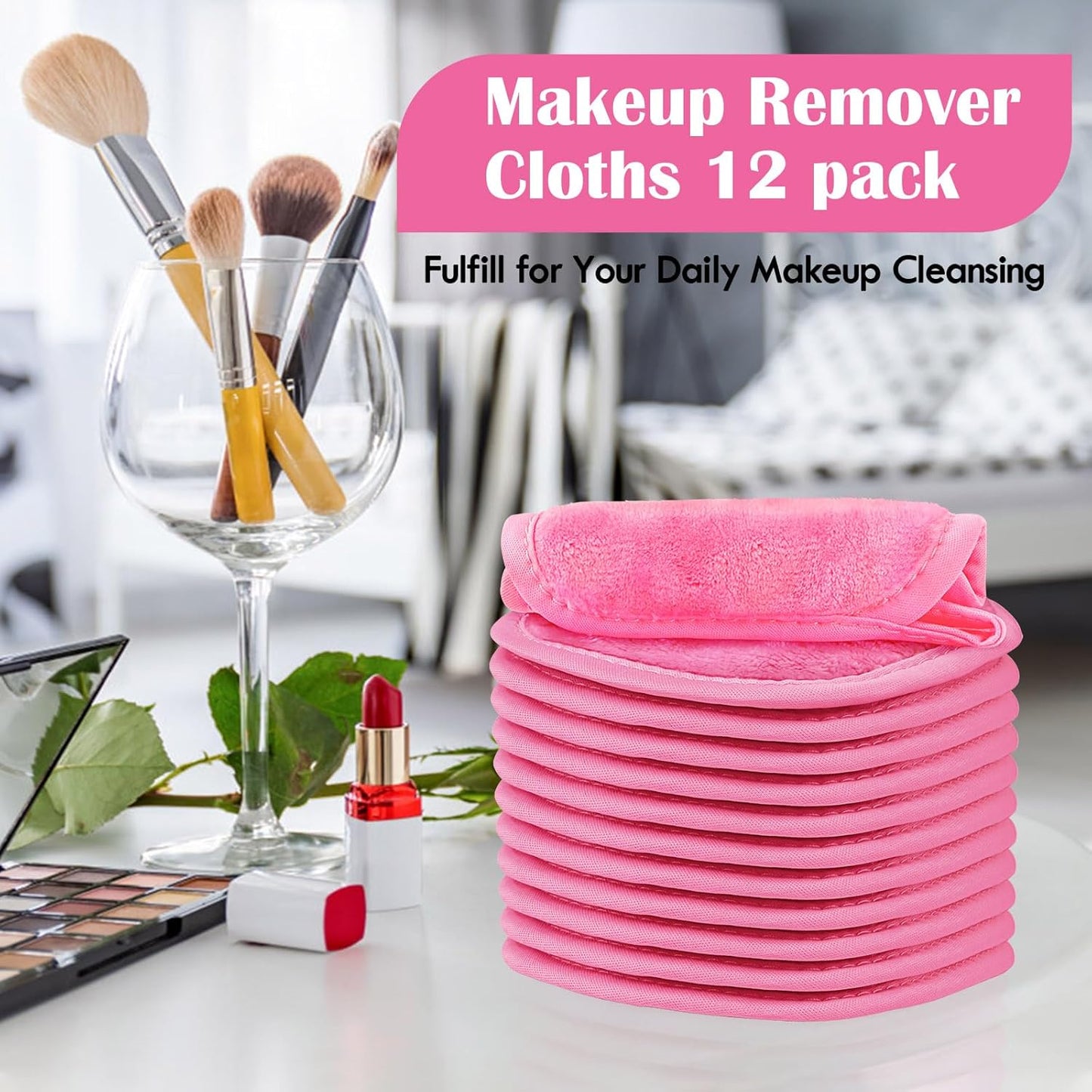 Orighty Makeup Remover Cloths 12 Pack, Makeup Removal Face Cleansing Cloth, Reusable Make-up Remover Pads Remove Instantly Dirt with Just Water, 5 x 5 in (Pink)