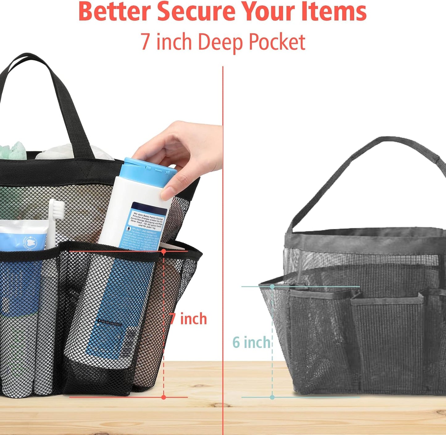 F-color Mesh Shower Caddy Portable with Dividers - Upgrade Deeper 7 Pockets Dorm Room Essentials with S Hook, Shower Bag Basket Tote for Guys Girls College Camping Toiletry Bathroom, Black