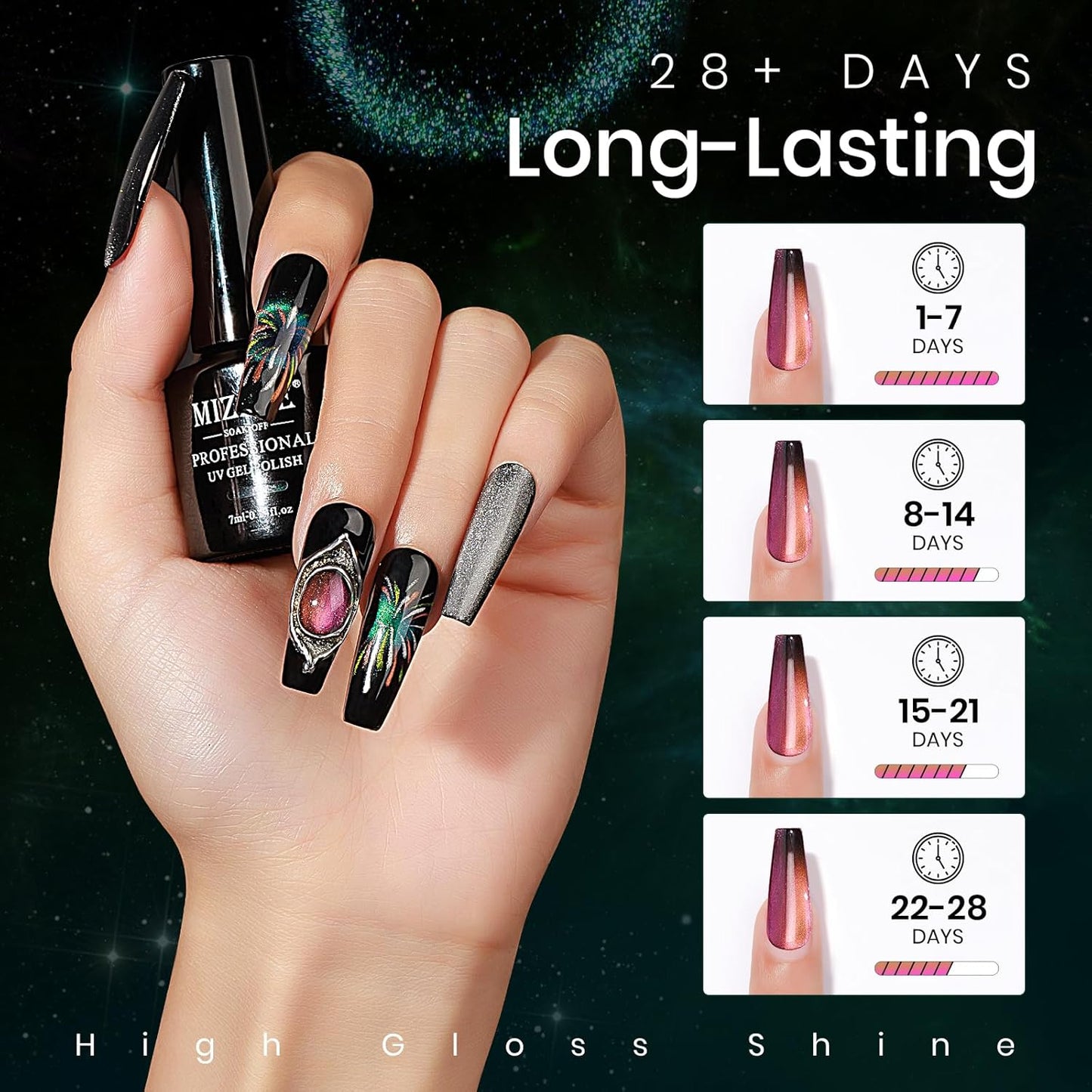 MIZHSE Cat Eye Nail Polish Set: 8 Colors with Magnet Stick, Classic Holographic Glitter Galaxy Colors UV Gel Nail Kit for Nail Salon Home DIY