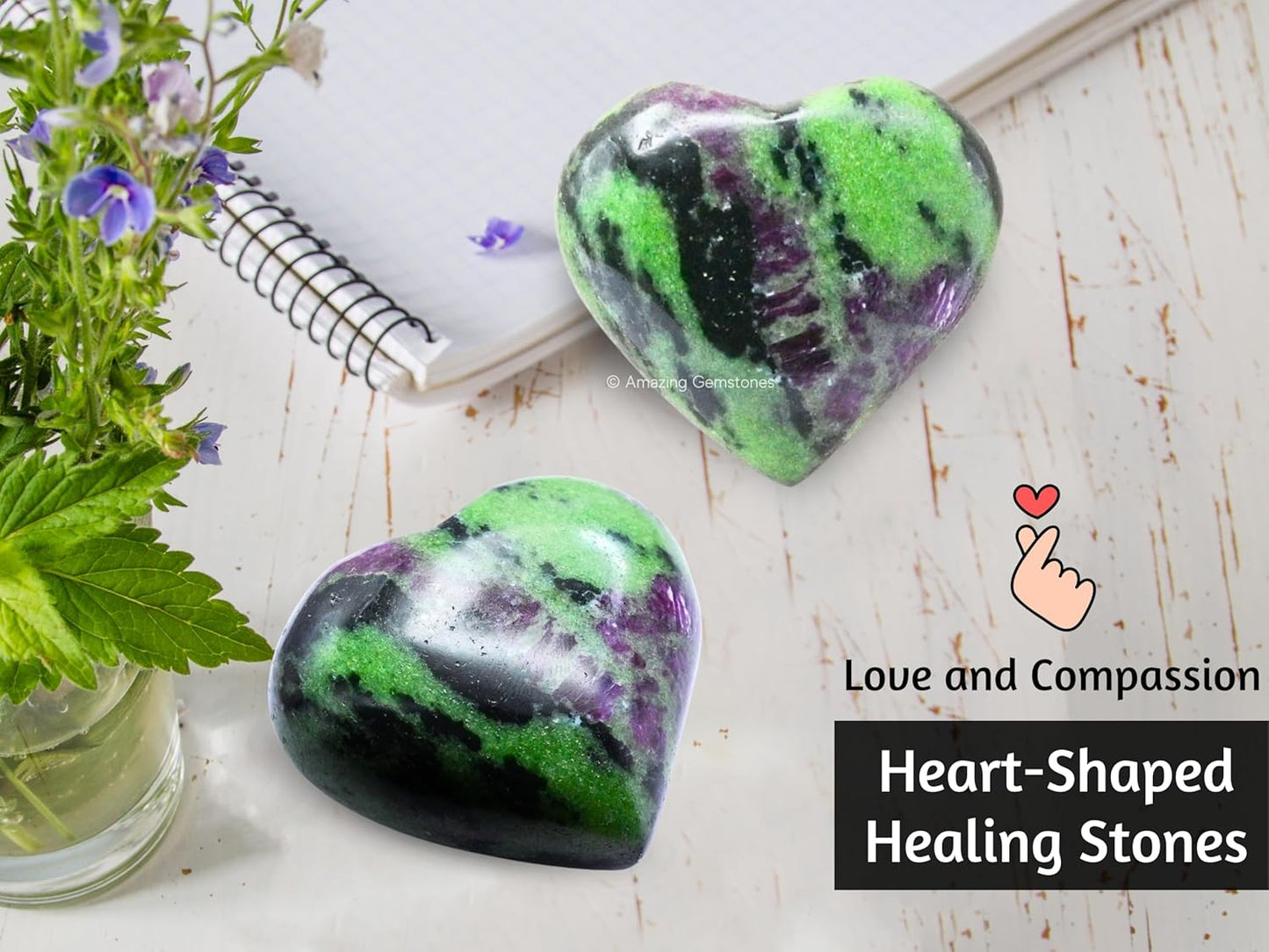 Amazing Gemstone Ruby Zoisite Crystal Heart Palm Stone - Pocket Massage Worry Stone for Natural Body Chakra Balancing, Reiki Healing and Crystal Grid