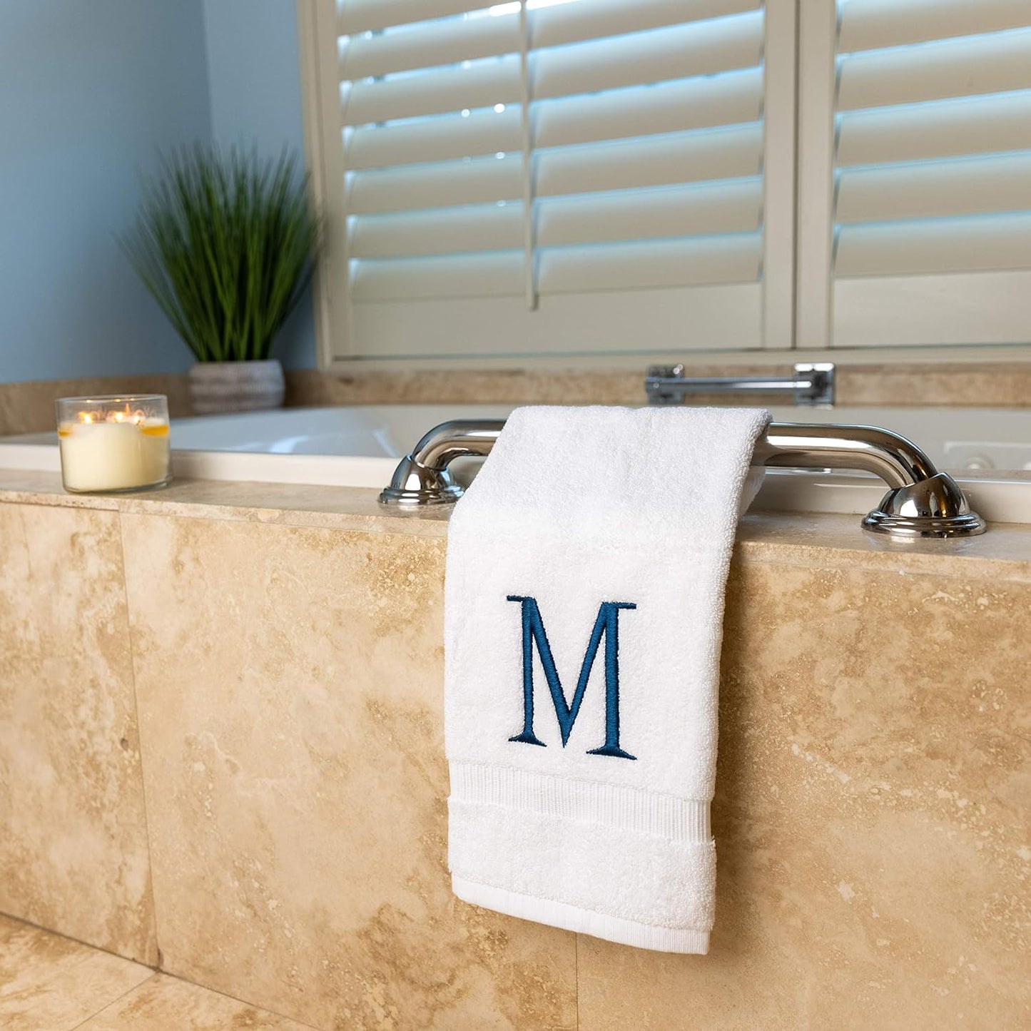Monogrammed Hand Towels for Bathroom - Luxury Hotel Quality Personalized Initial Decorative Embroidered Bath Towel for Powder Room, Spa - GOTS Organic Certified - Set of 2 Navy Letter M